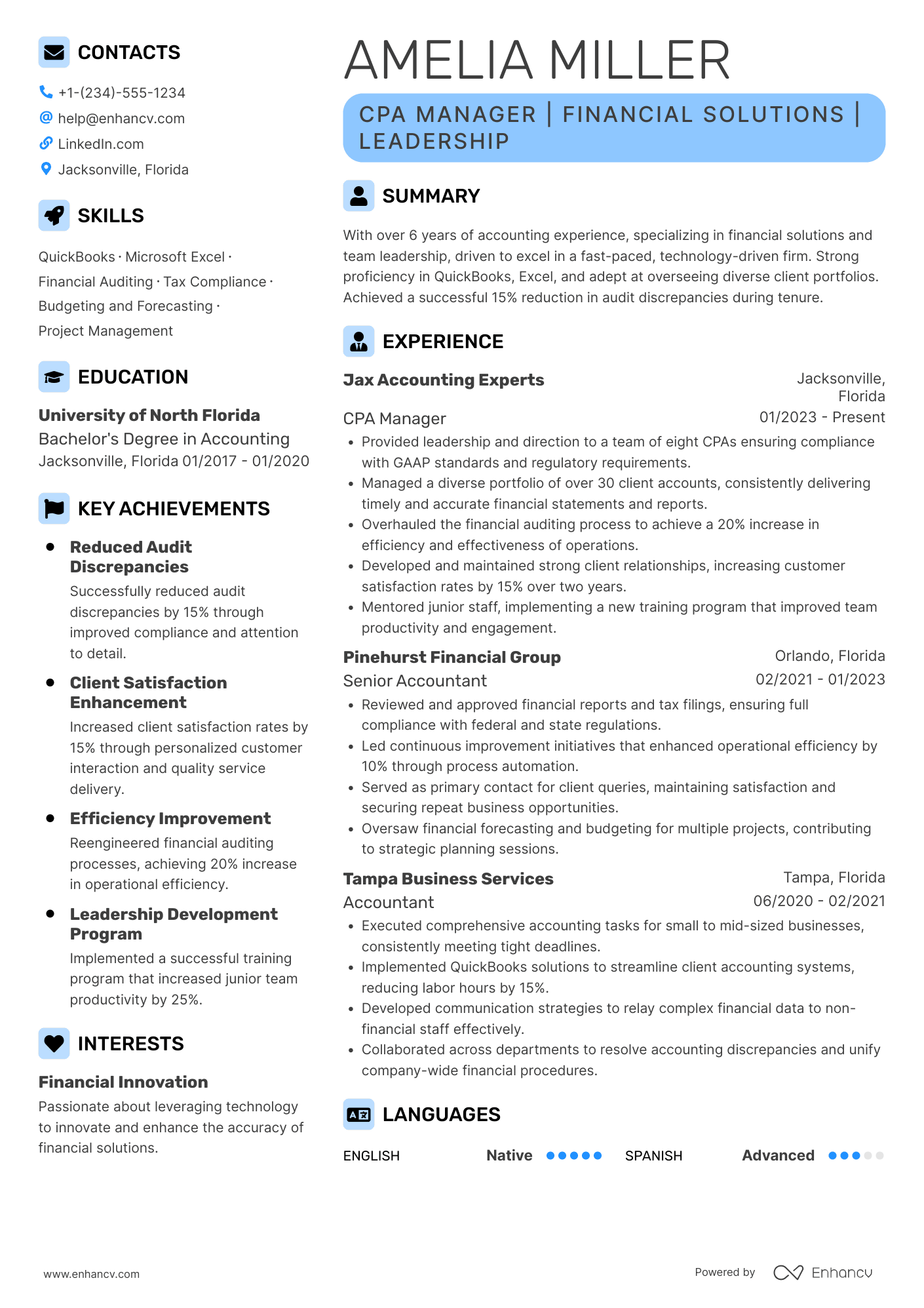 CPA Manager Resume Example