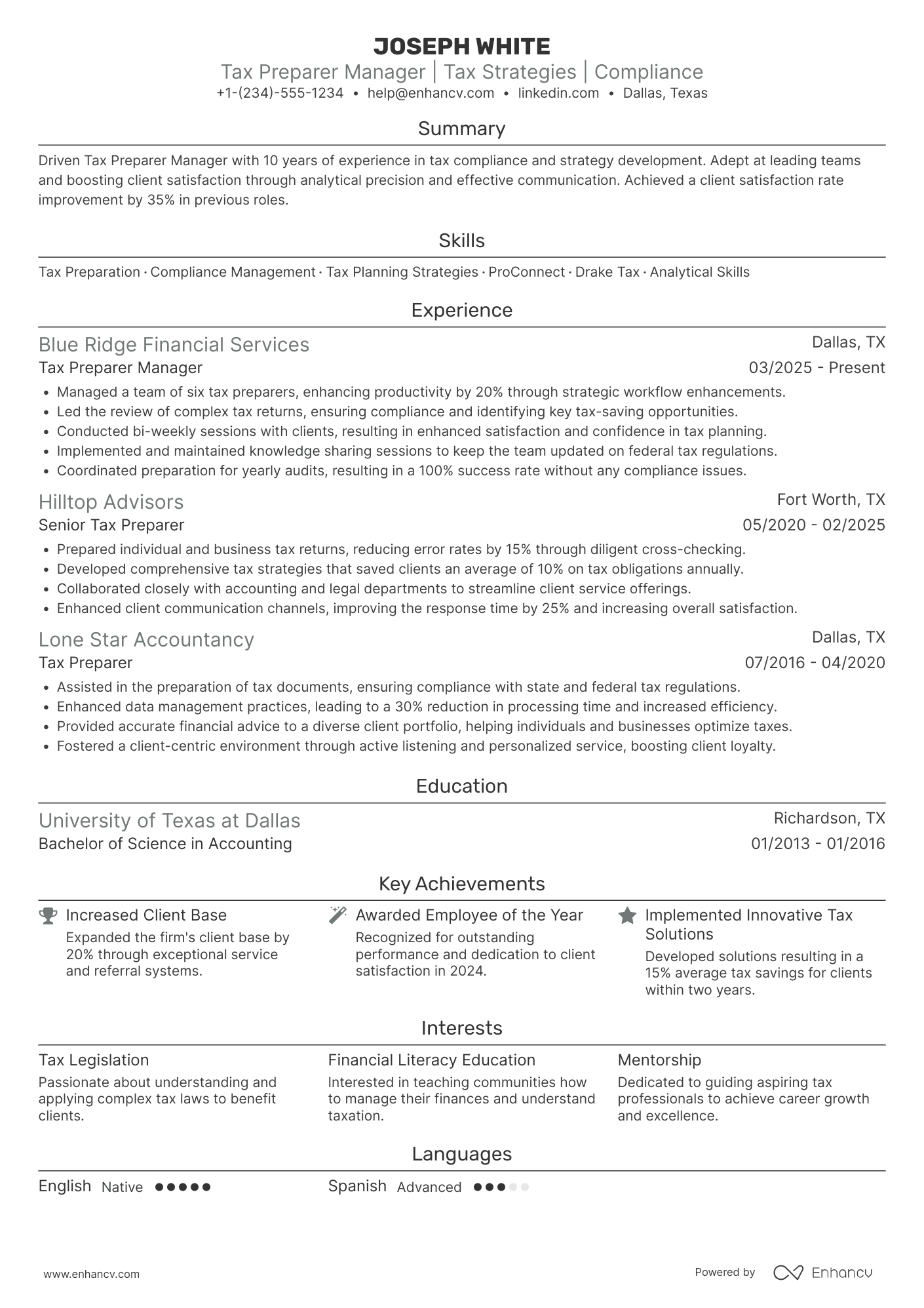 Tax Preparer Manager Resume Example