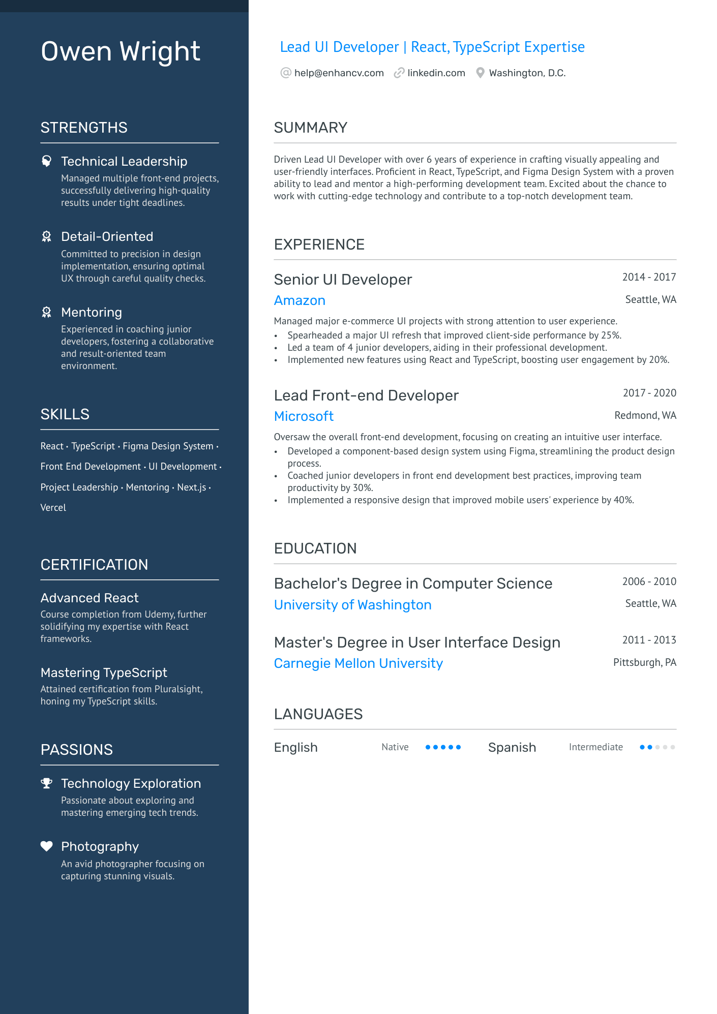 UI Front End Developer Resume Example
