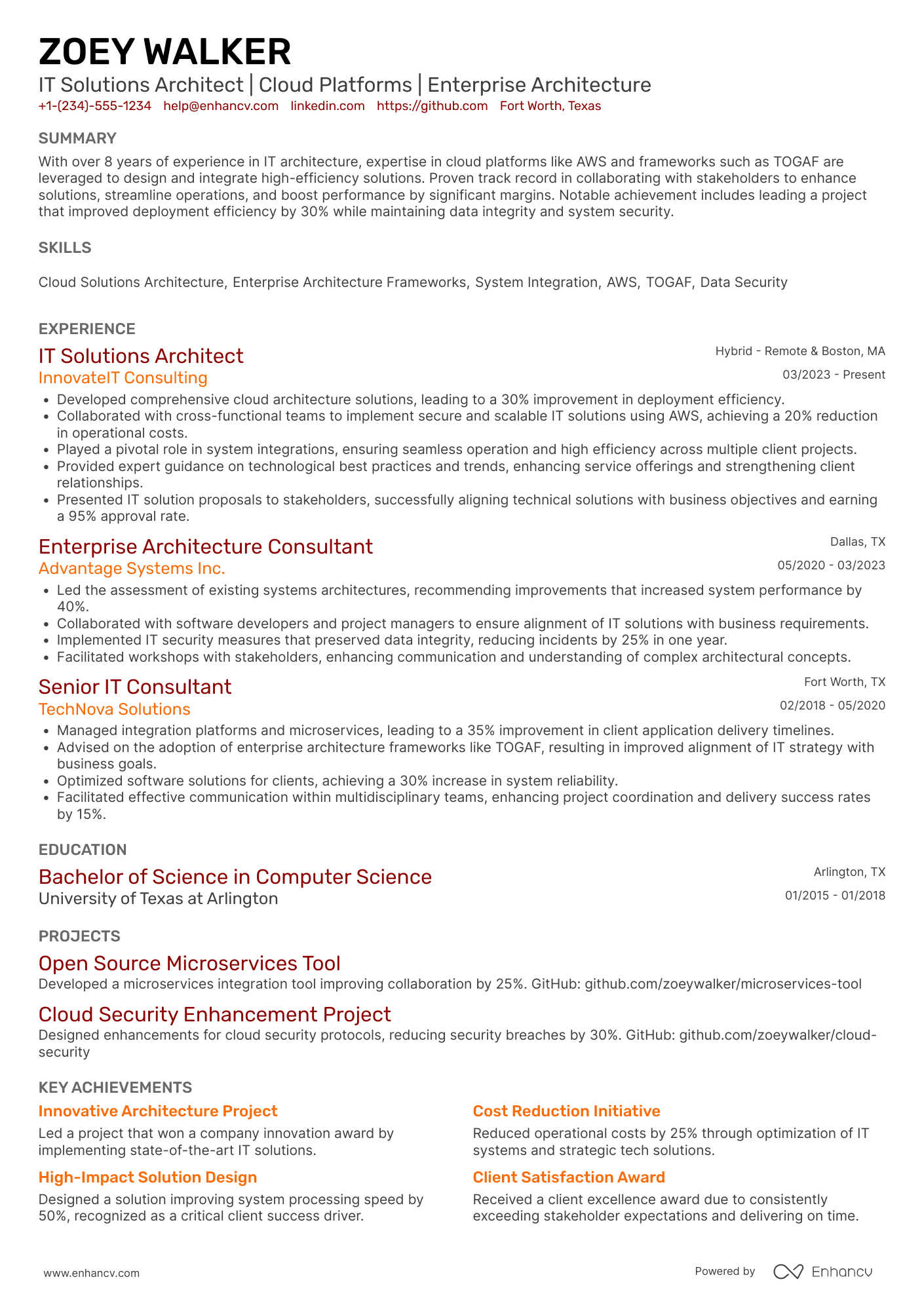 IT Solutions Architect Resume Example