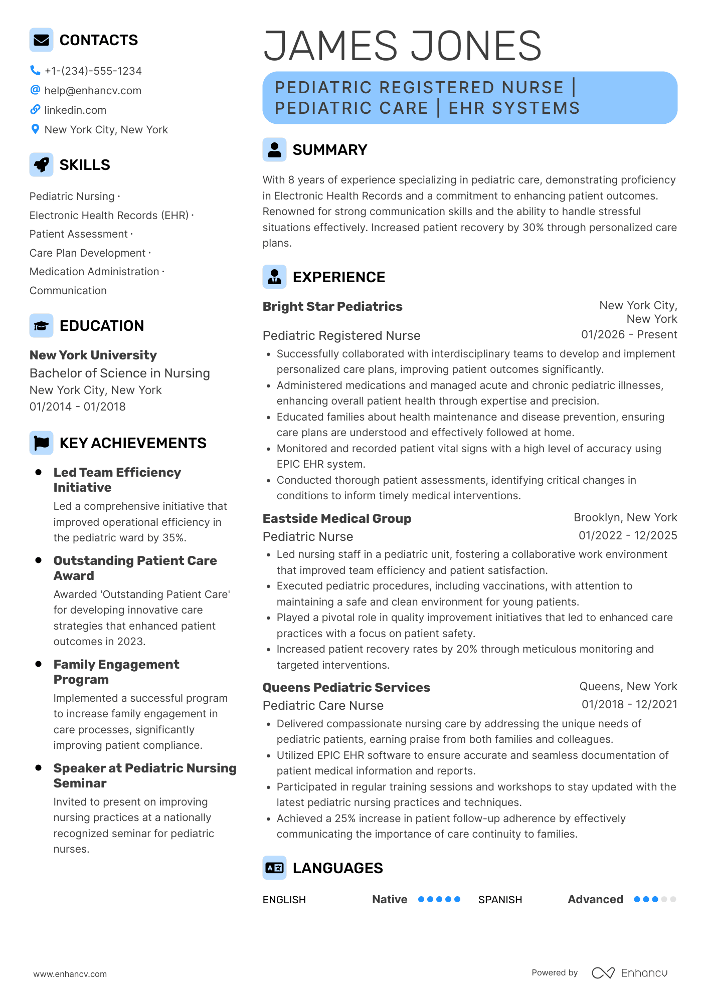 Pediatric Registered Nurse (Pediatric RN) Resume Example