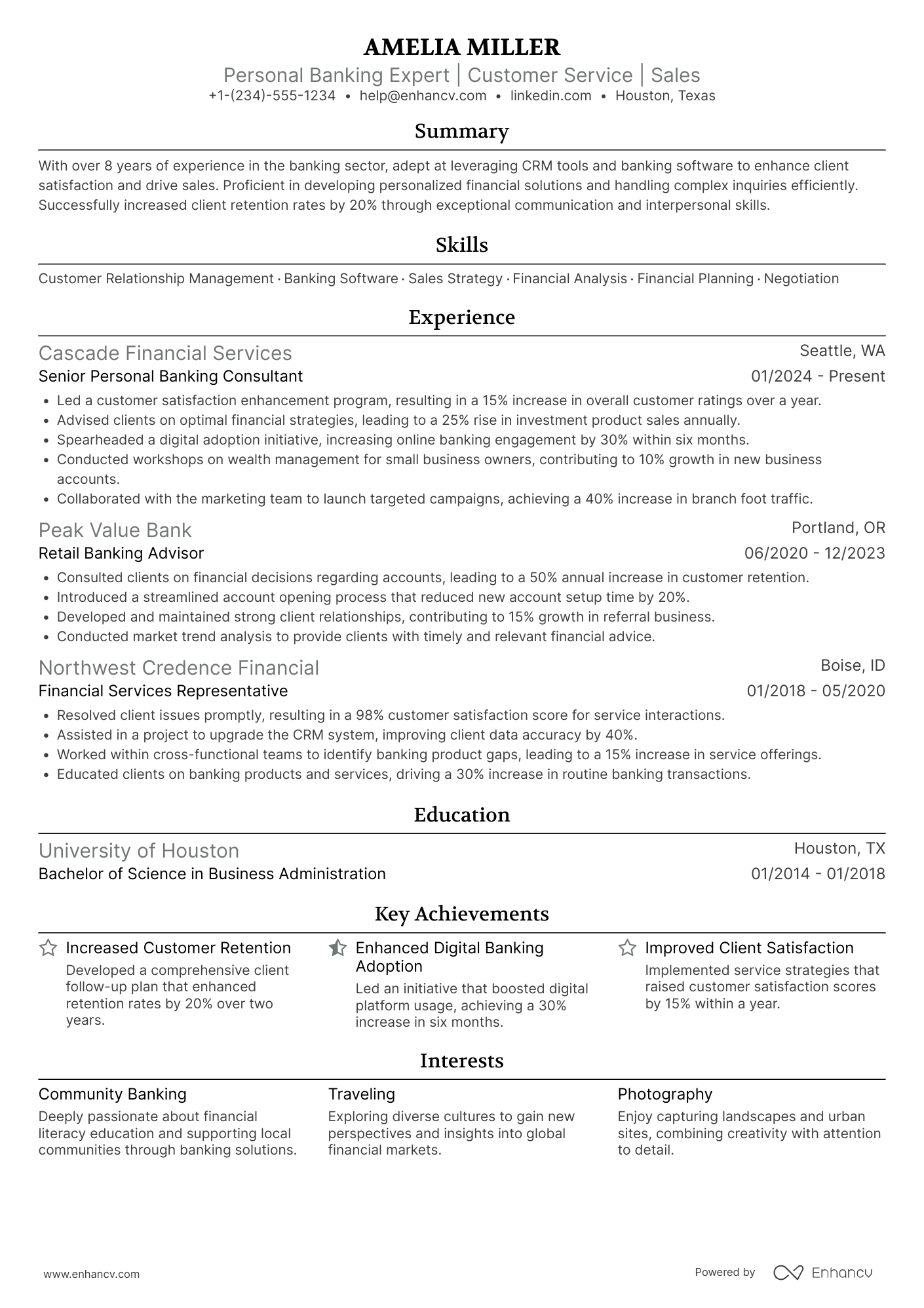 Personal Banking Consultant Resume Example