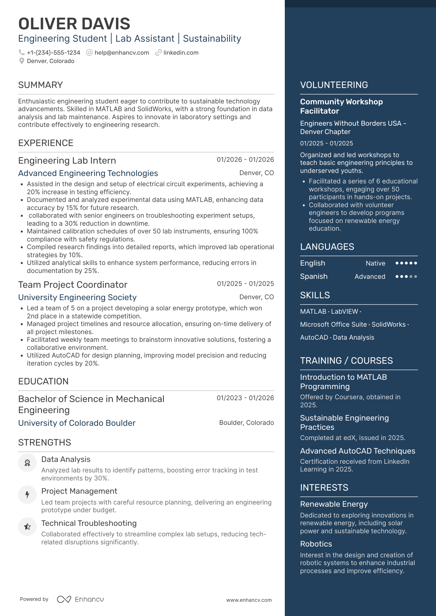 Engineering Student Lab Assistant Resume Example