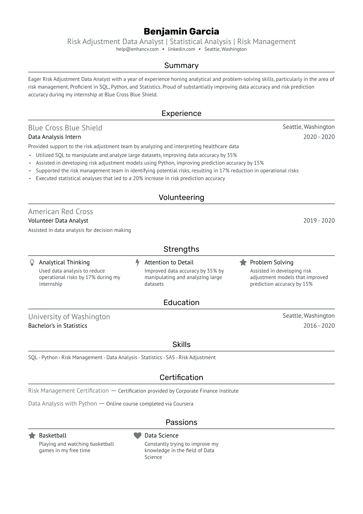 Entry Level Risk Adjustment Data Analyst Resume Example