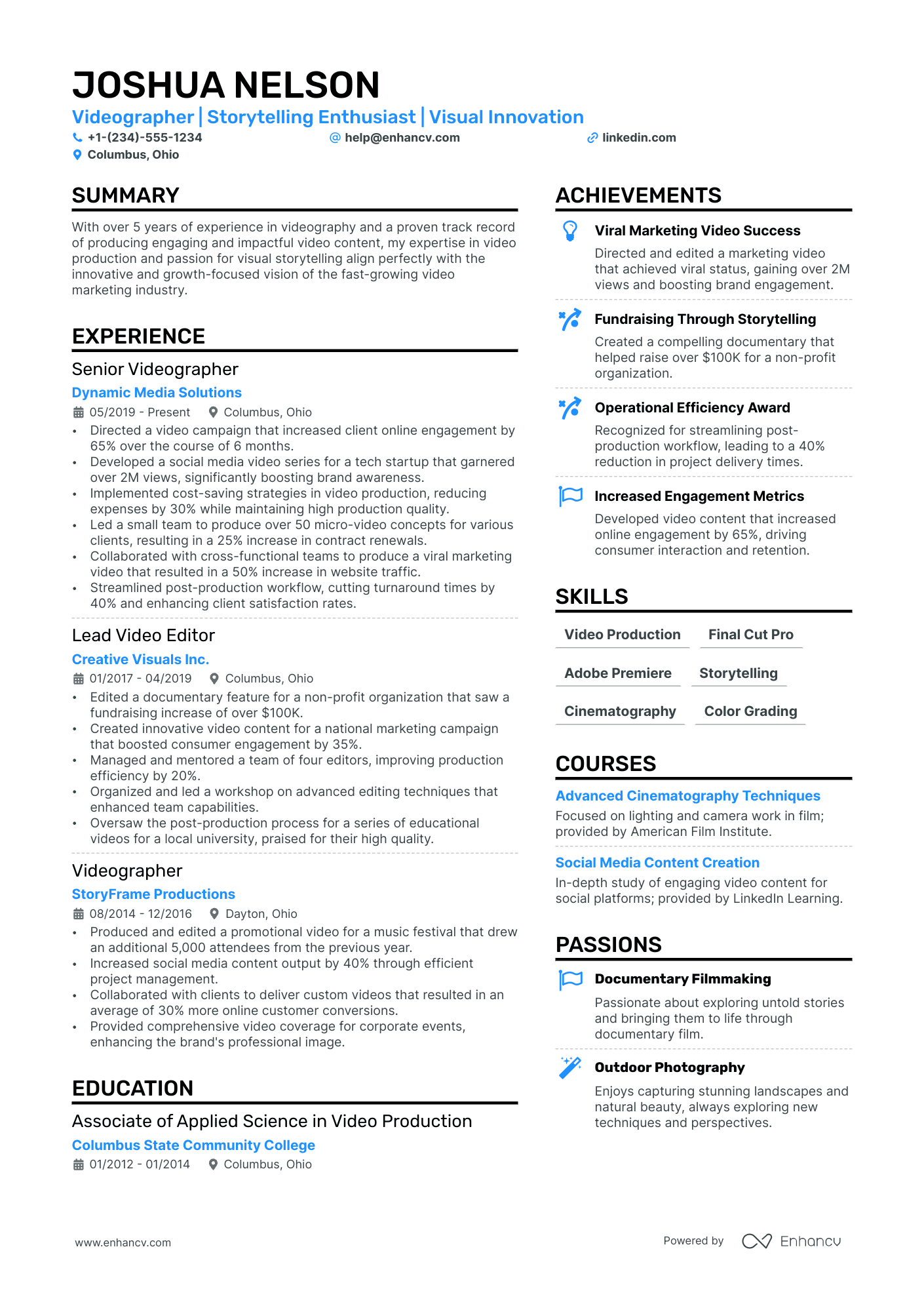 Freelance Videographer Resume Example