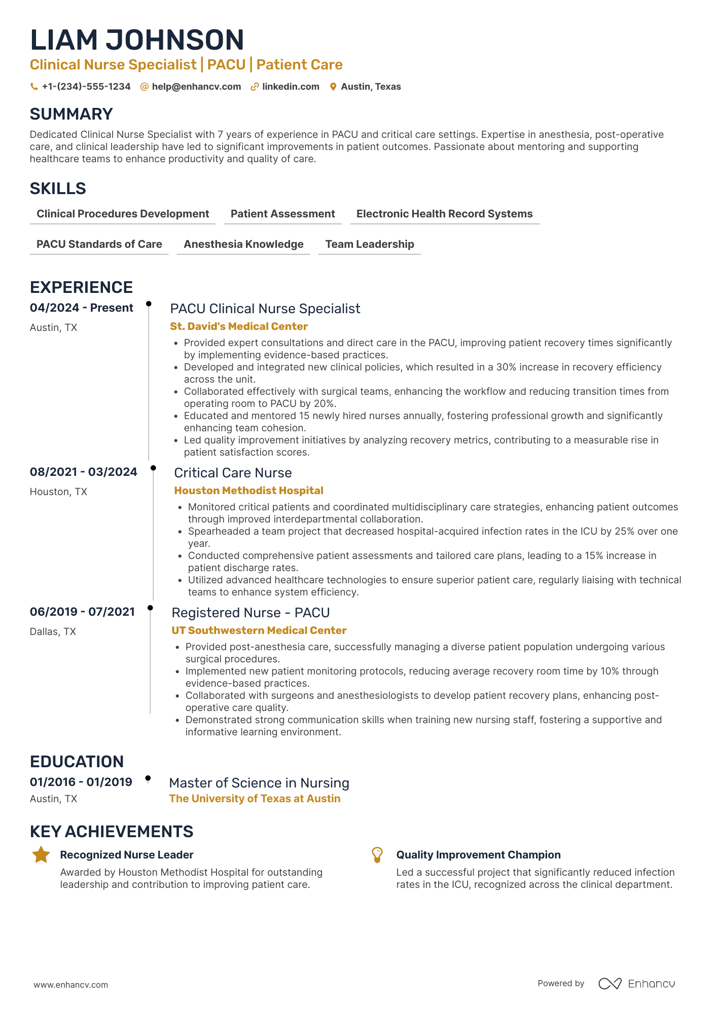 PACU Clinical Nurse Specialist Resume Example