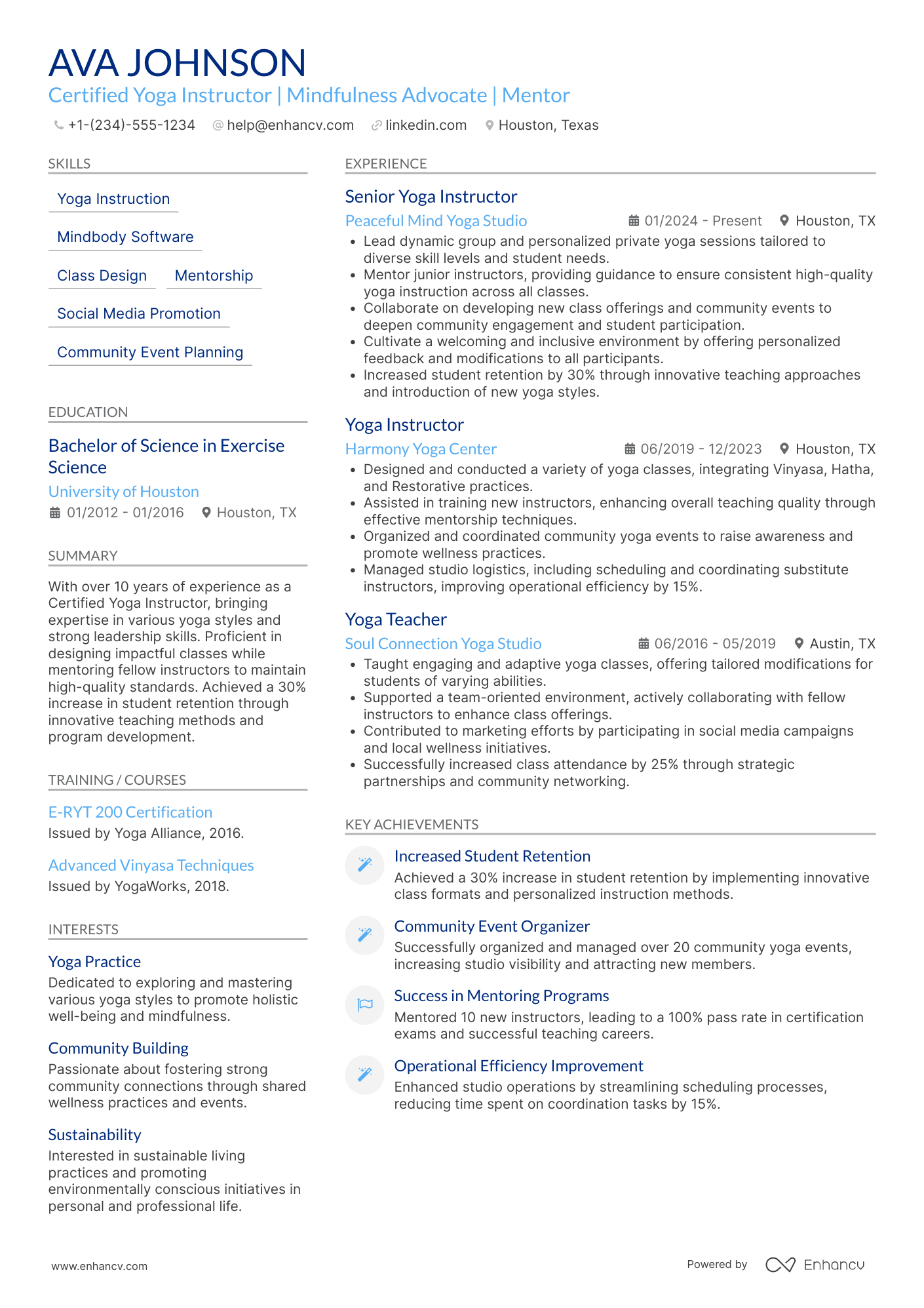 Lead Yoga Instructor Resume Example