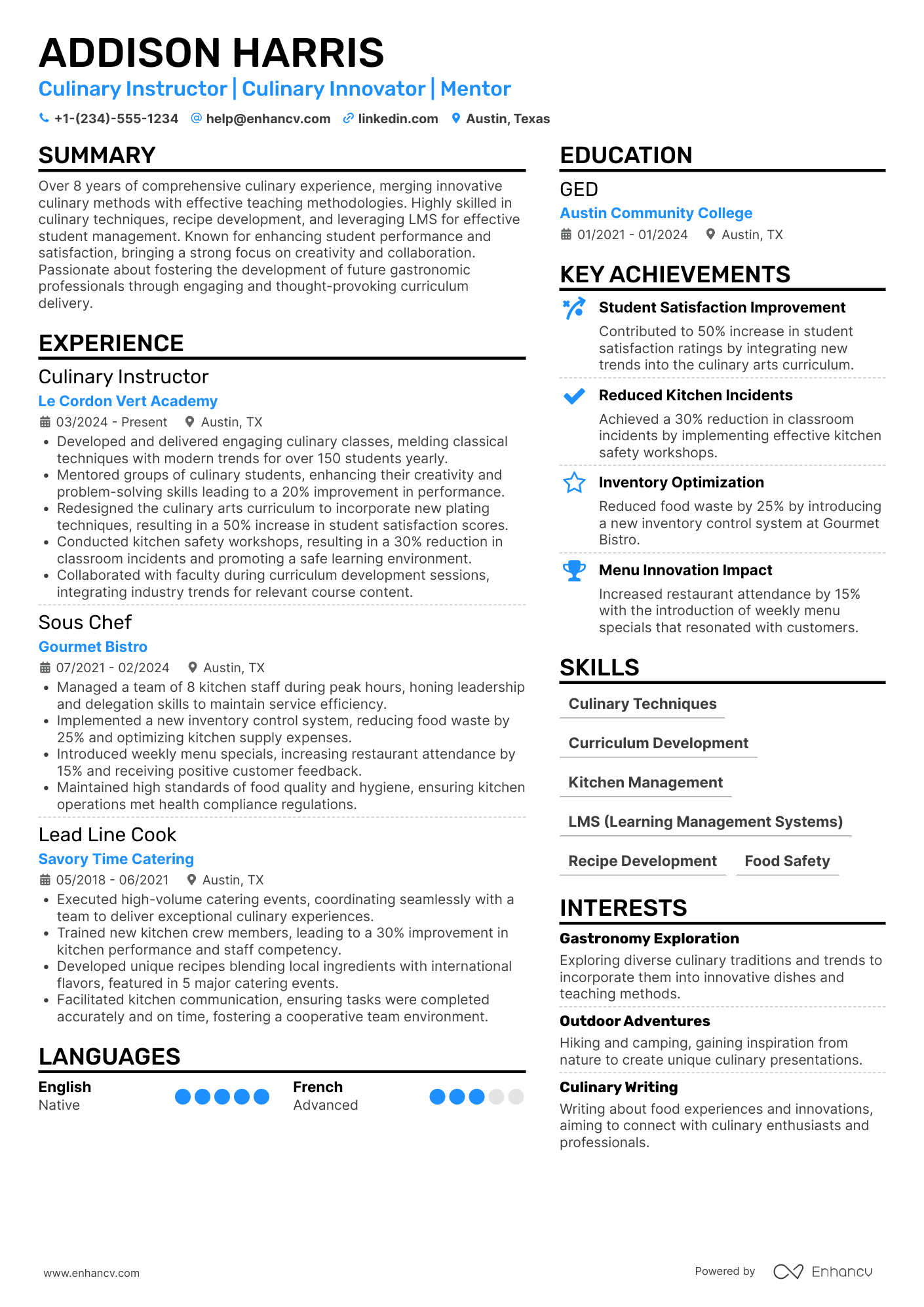 Culinary Arts Professor Resume Example