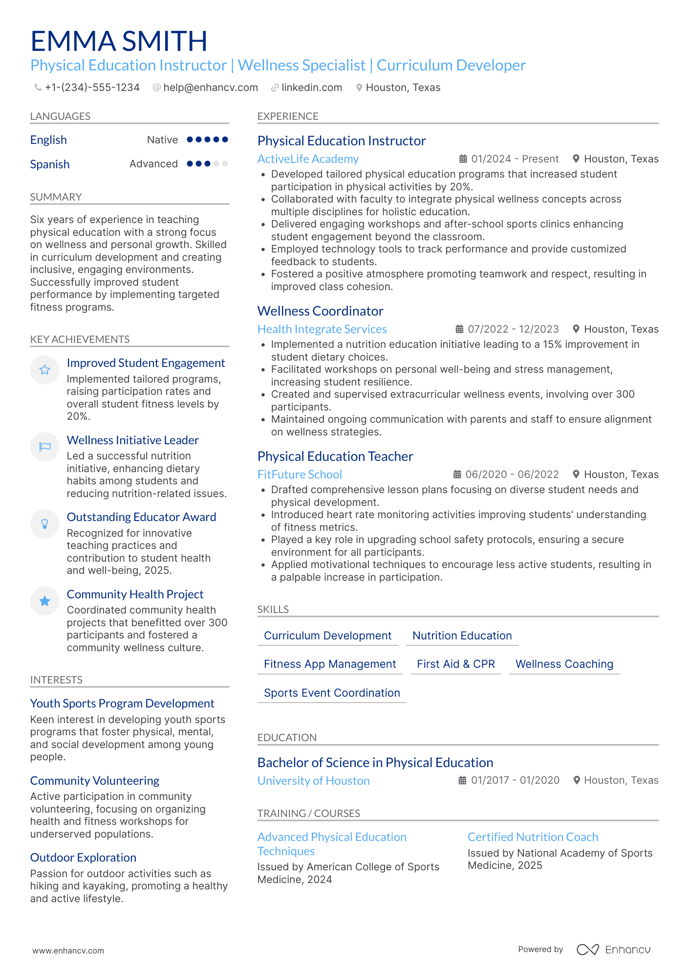 Physical Education and Wellness Instructor Resume Example