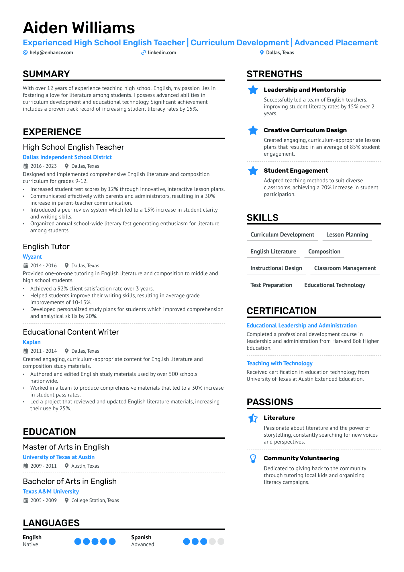 High School English Teacher Resume Example