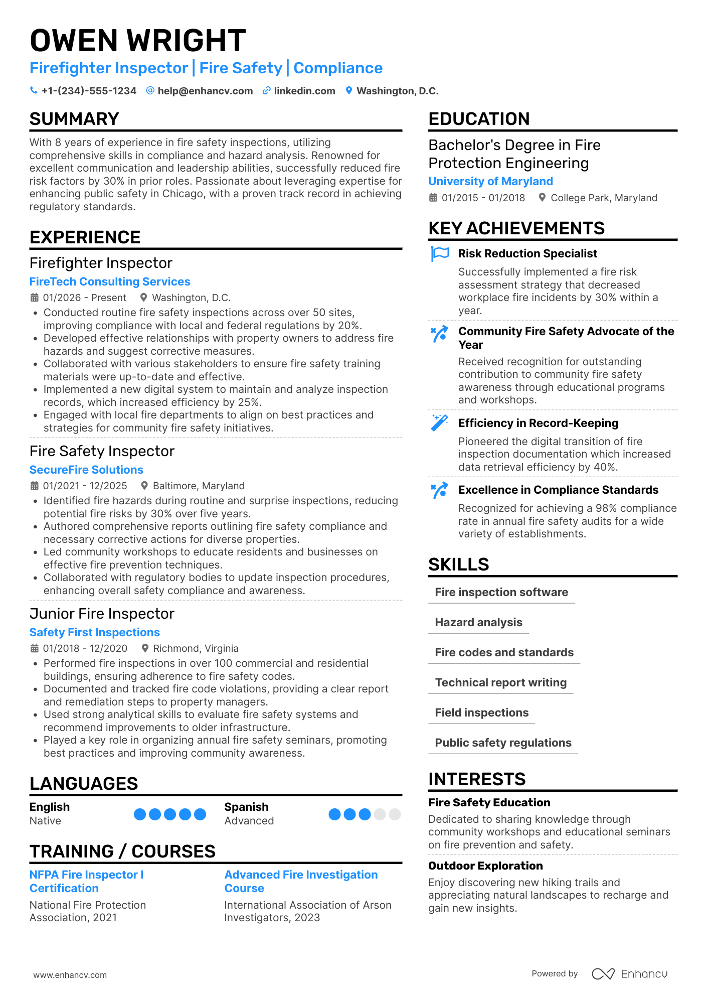 Firefighter Inspector Resume Example