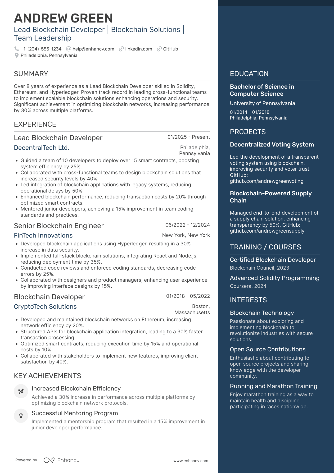 Lead Blockchain Developer Resume Example