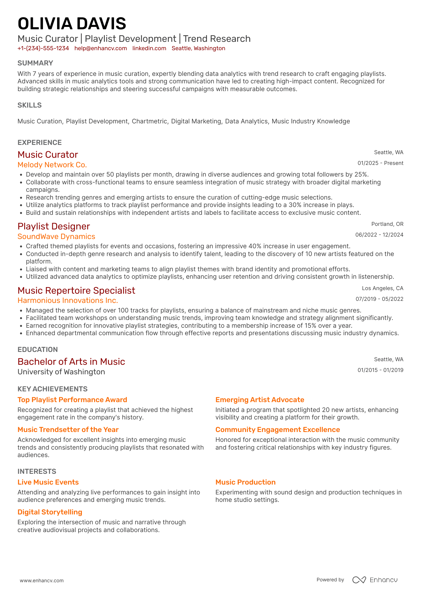 Spotify Music Curator Resume Example