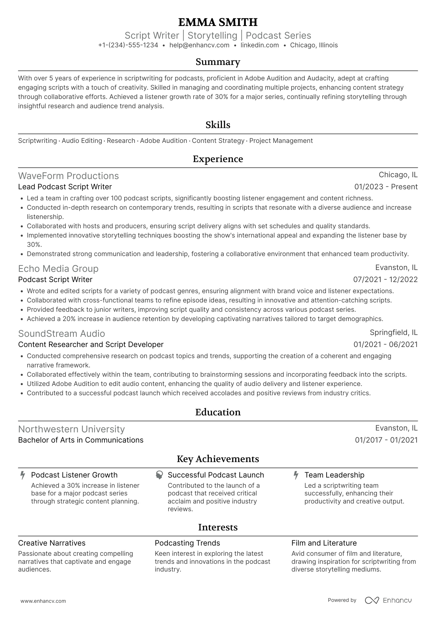 Podcaster Script Writer Resume Example