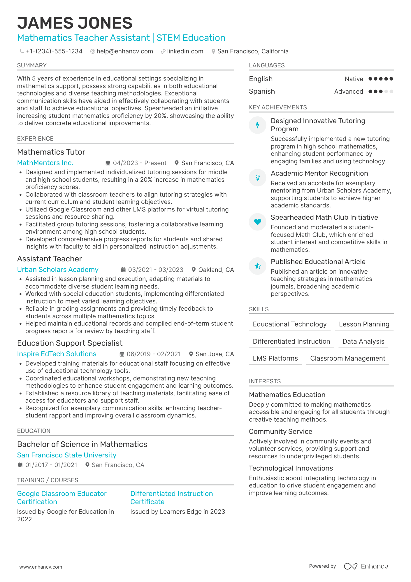 Mathematics Teacher Assistant Resume Example