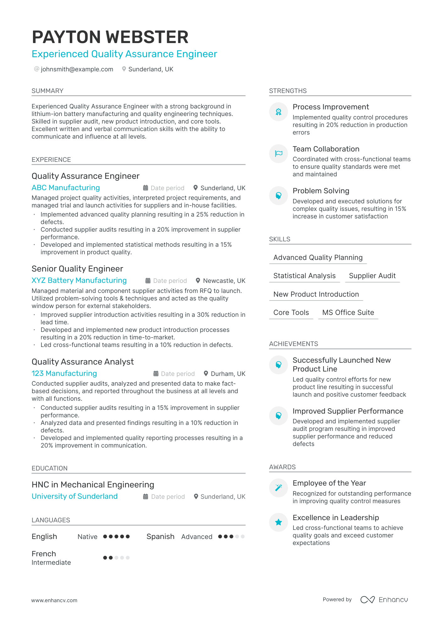 Quality Assurance Engineer Resume Example