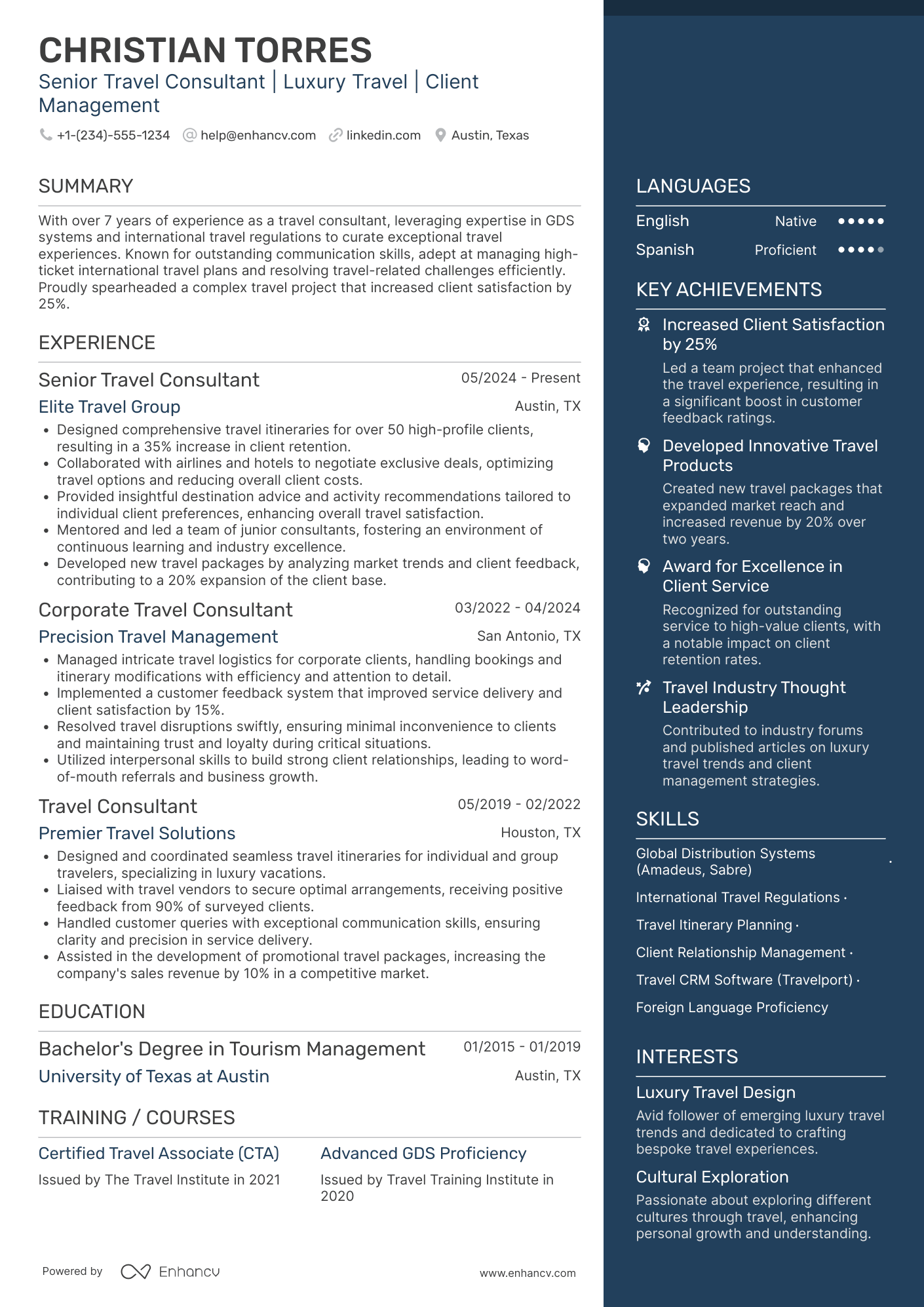 Senior Travel Consultant Resume Example