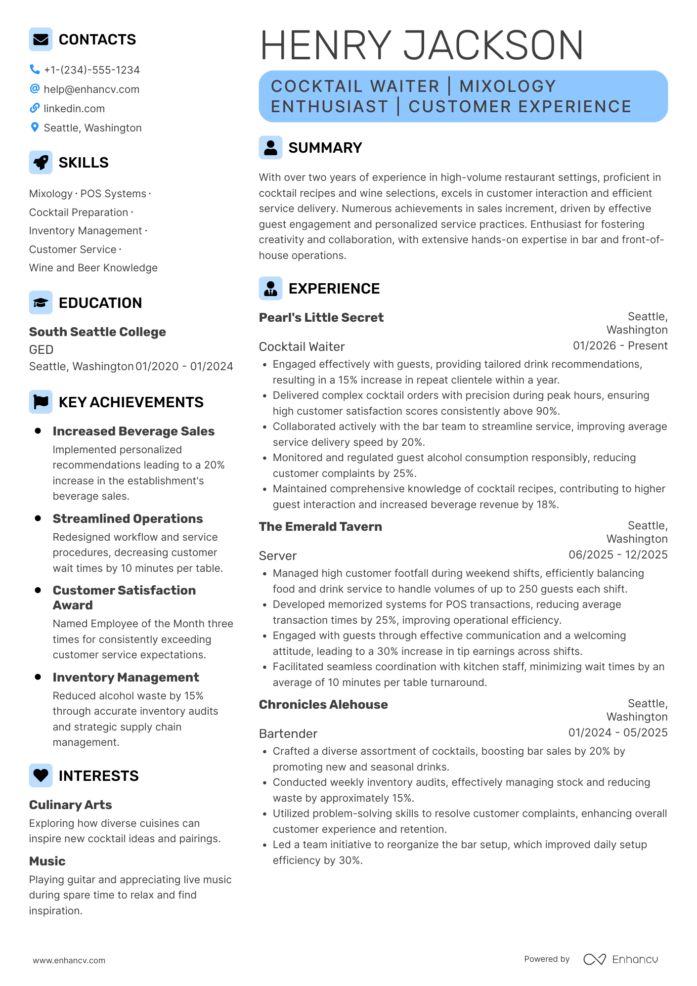 Cocktail Waiter Resume Example