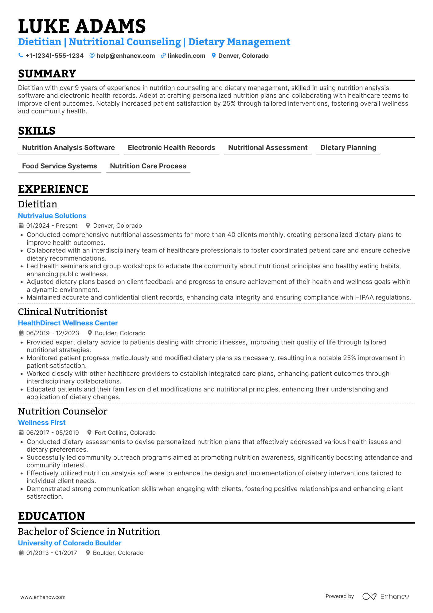 Dietician Resume Example