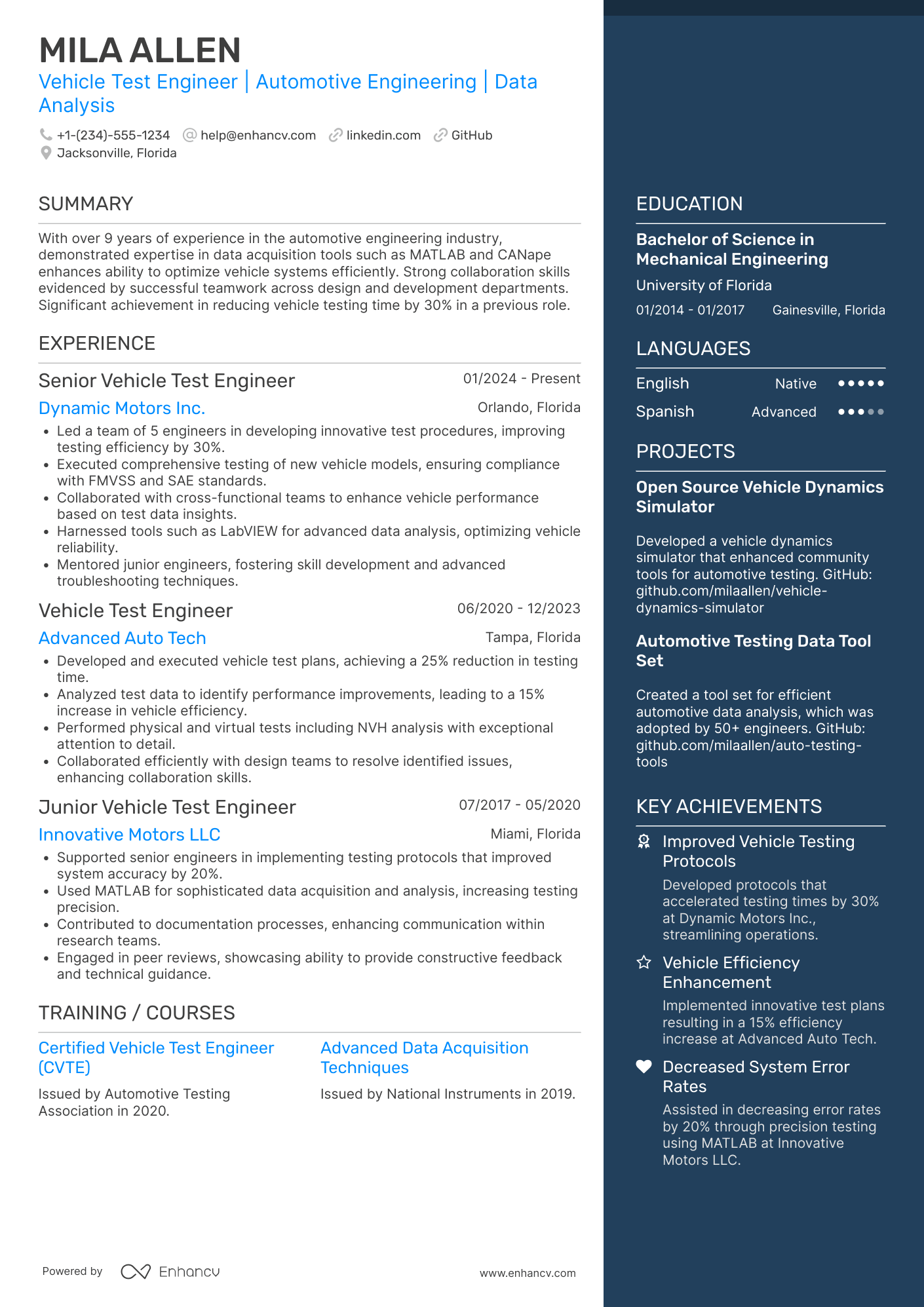 Vehicle Test Engineer Resume Example