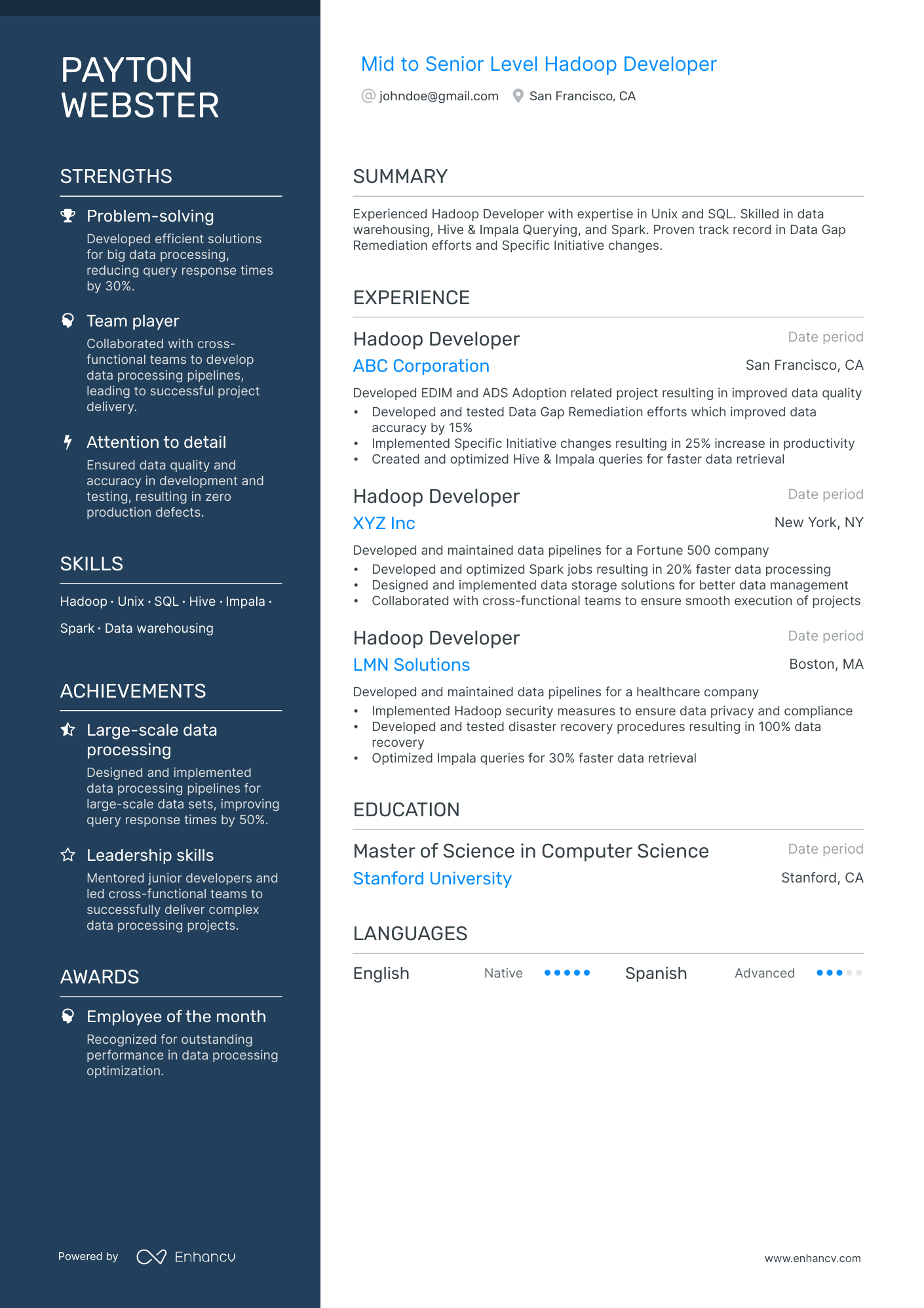 Hadoop Developer Resume Example