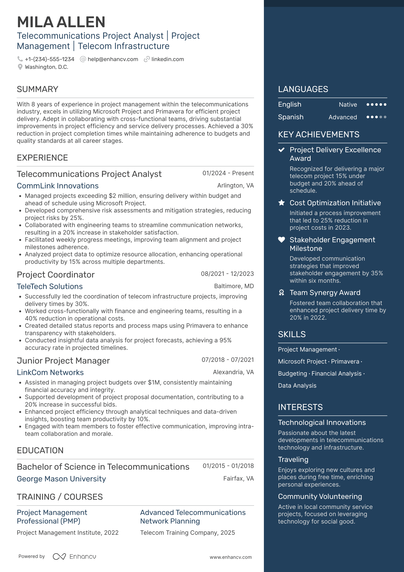 Telecommunications Project Analyst Resume Example