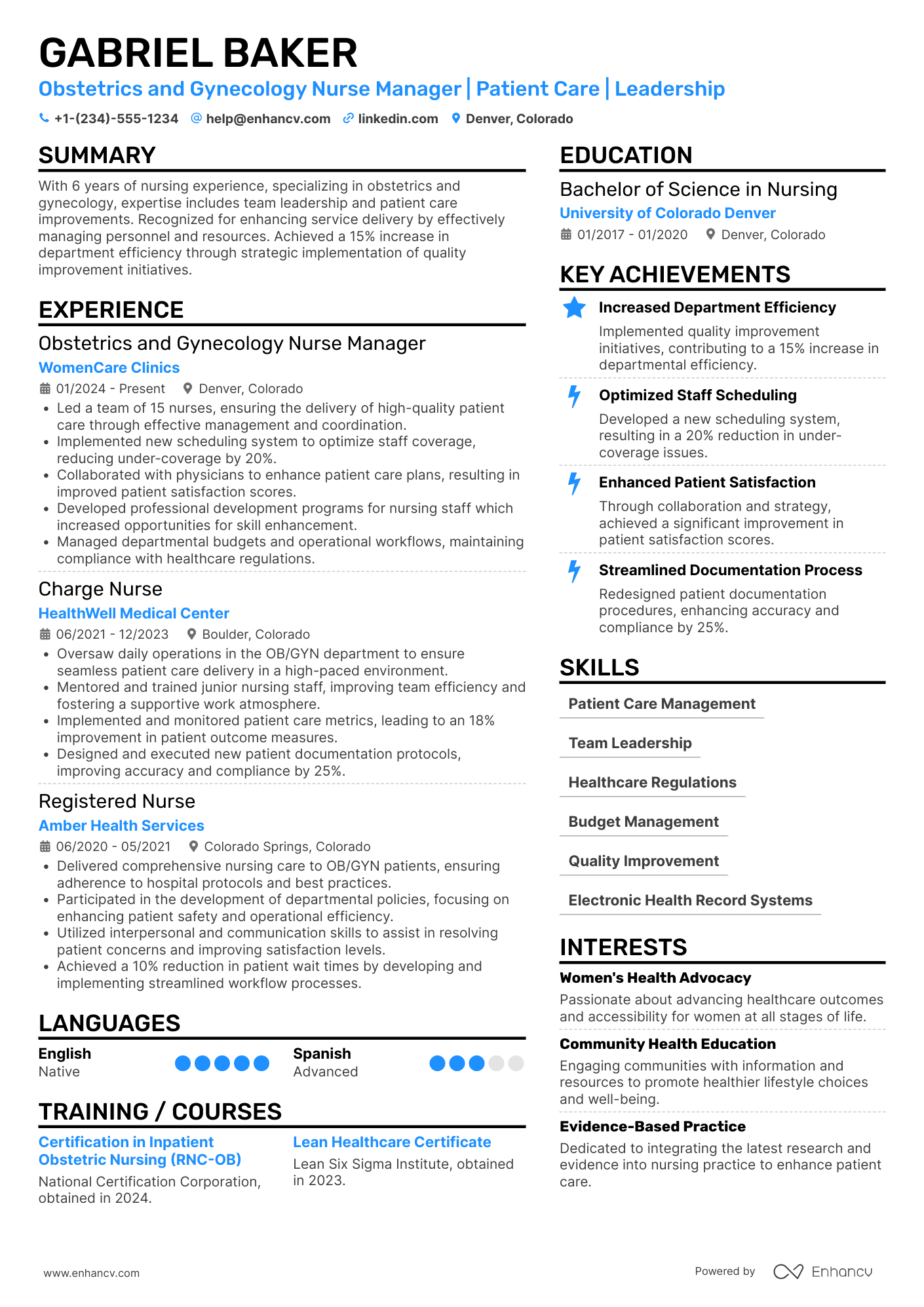 Obstetrics and Gynecology Nurse Manager Resume Example