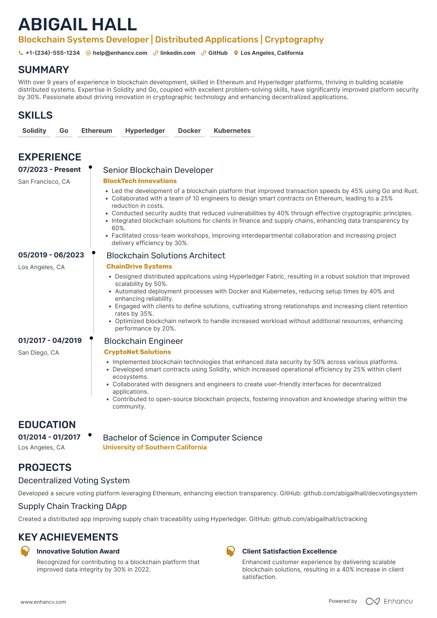 Blockchain Distributed Systems Developer Resume Example