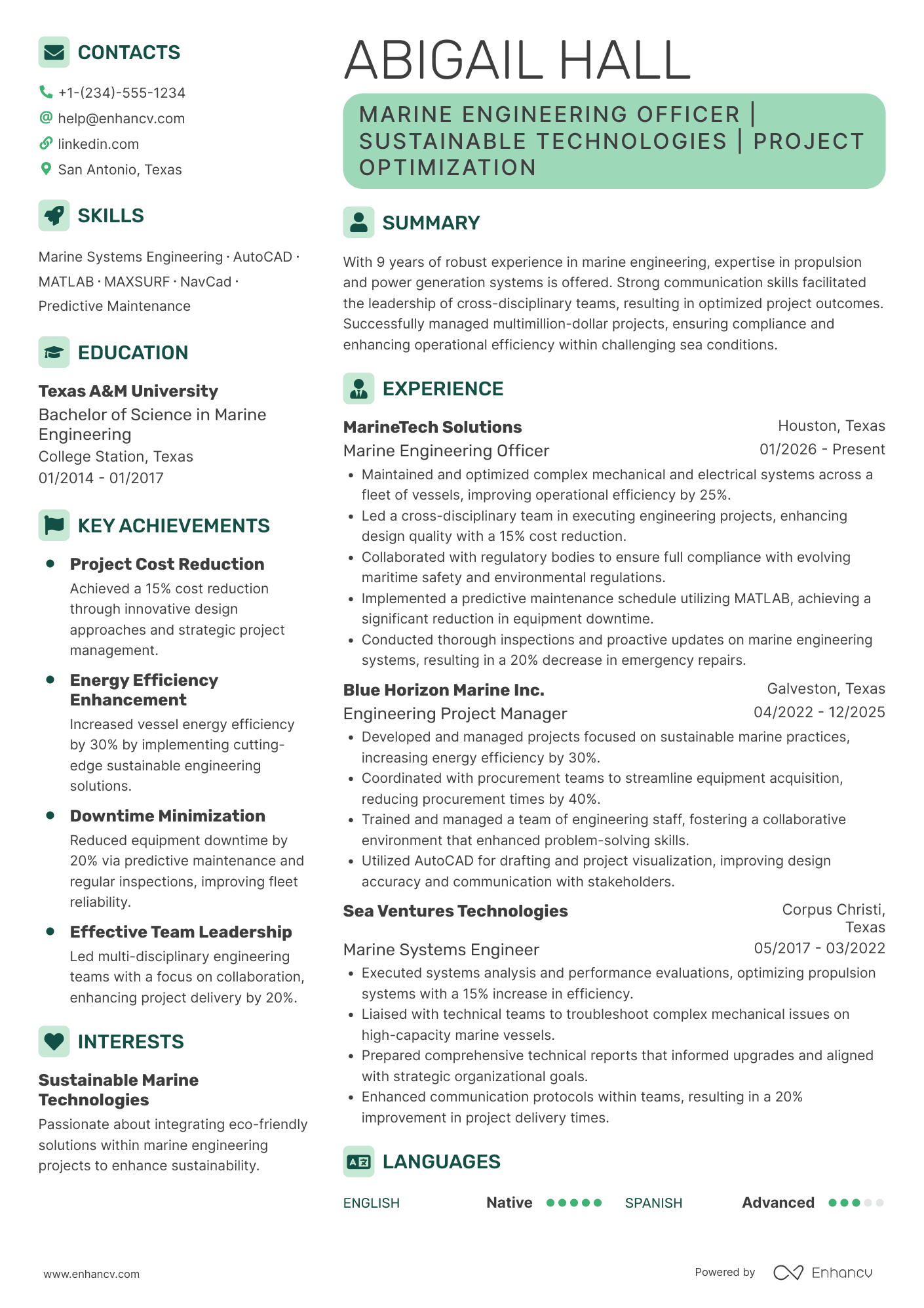 Marine Engineering Officer Resume Example