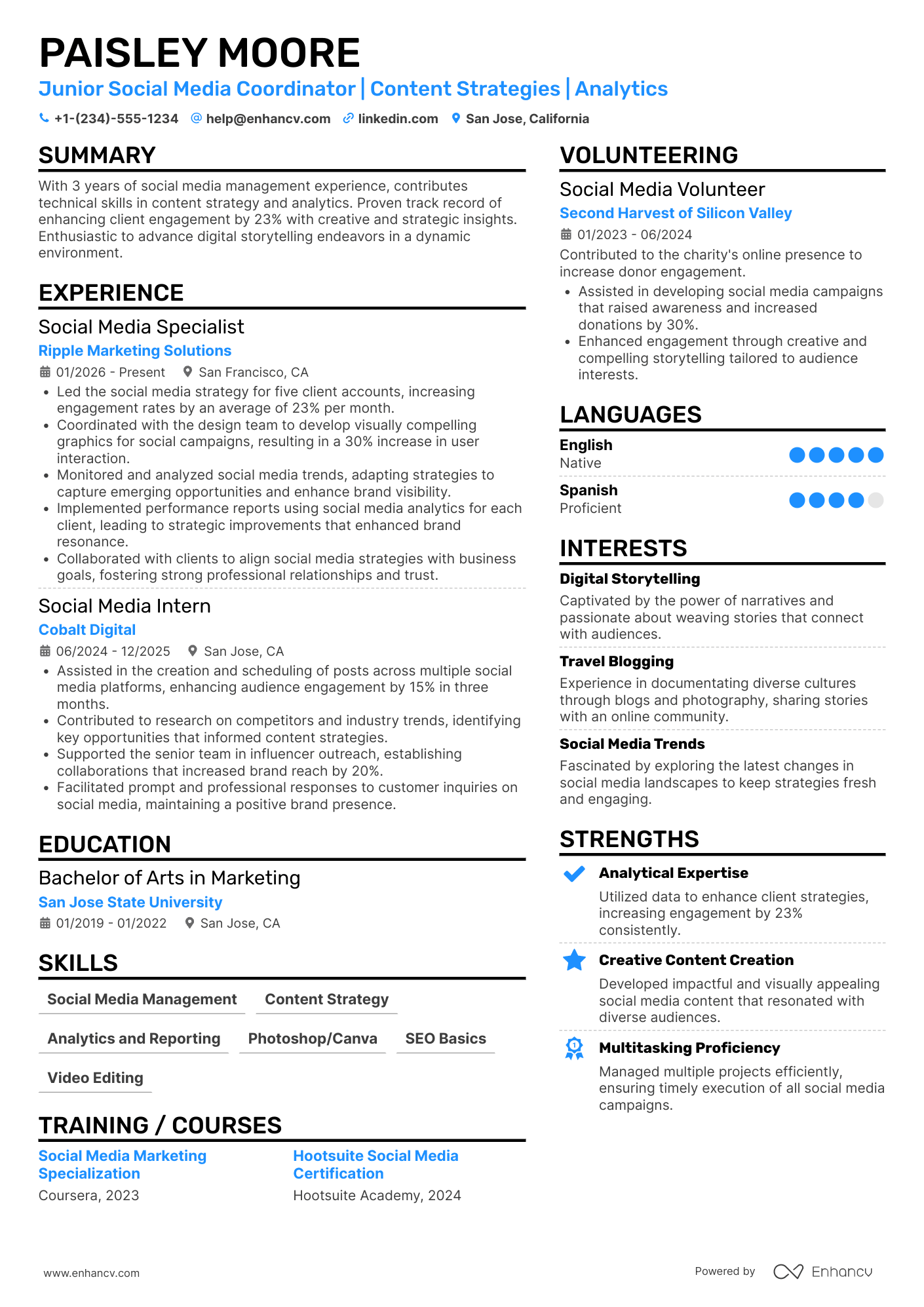 Junior Social Media Coordinator Resume Example