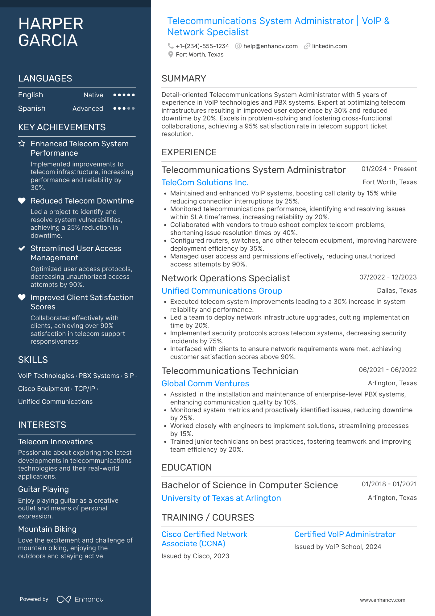 Telecommunications System Administrator Resume Example