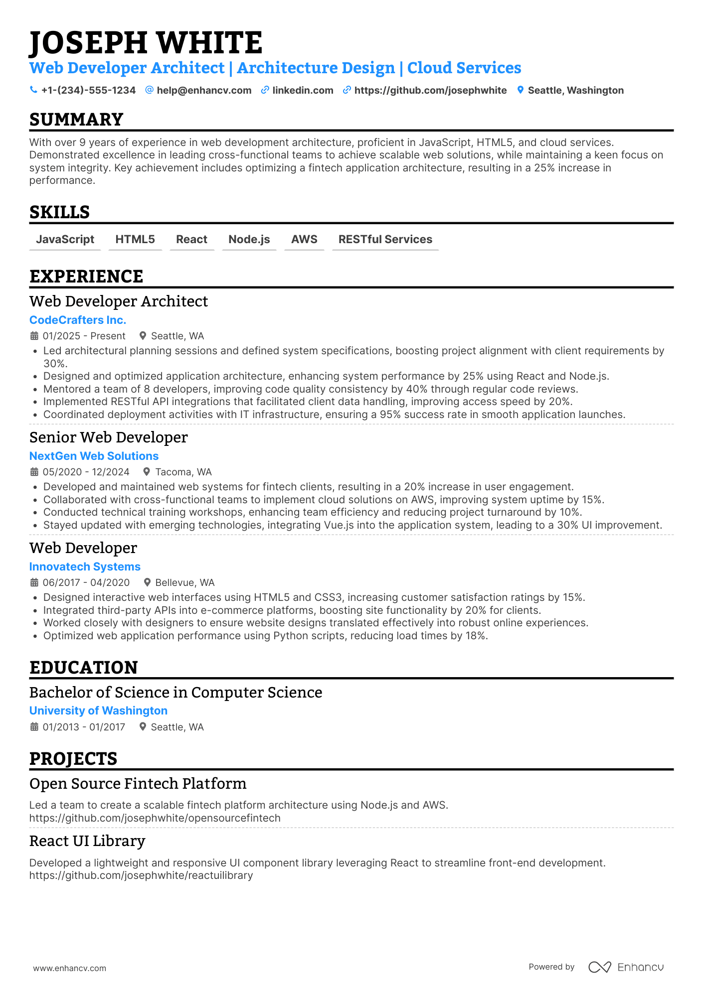 Web Developer Architect Resume Example