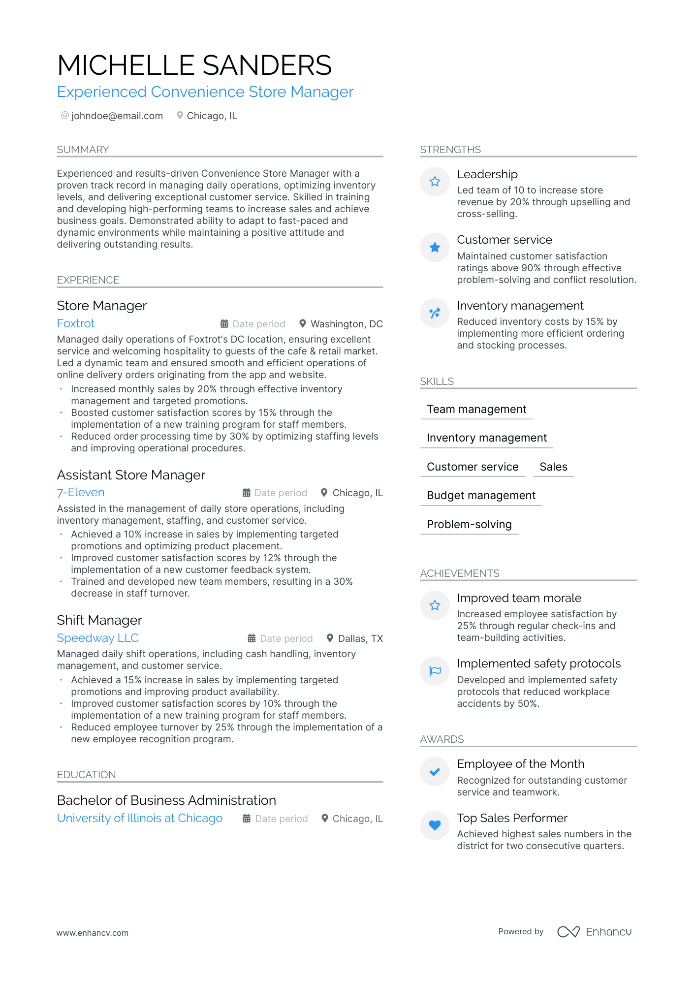 Convenience Store Manager Resume Example