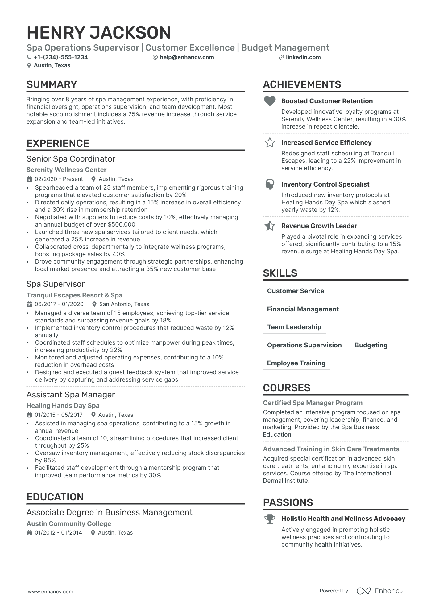Assistant Spa Manager Resume Example