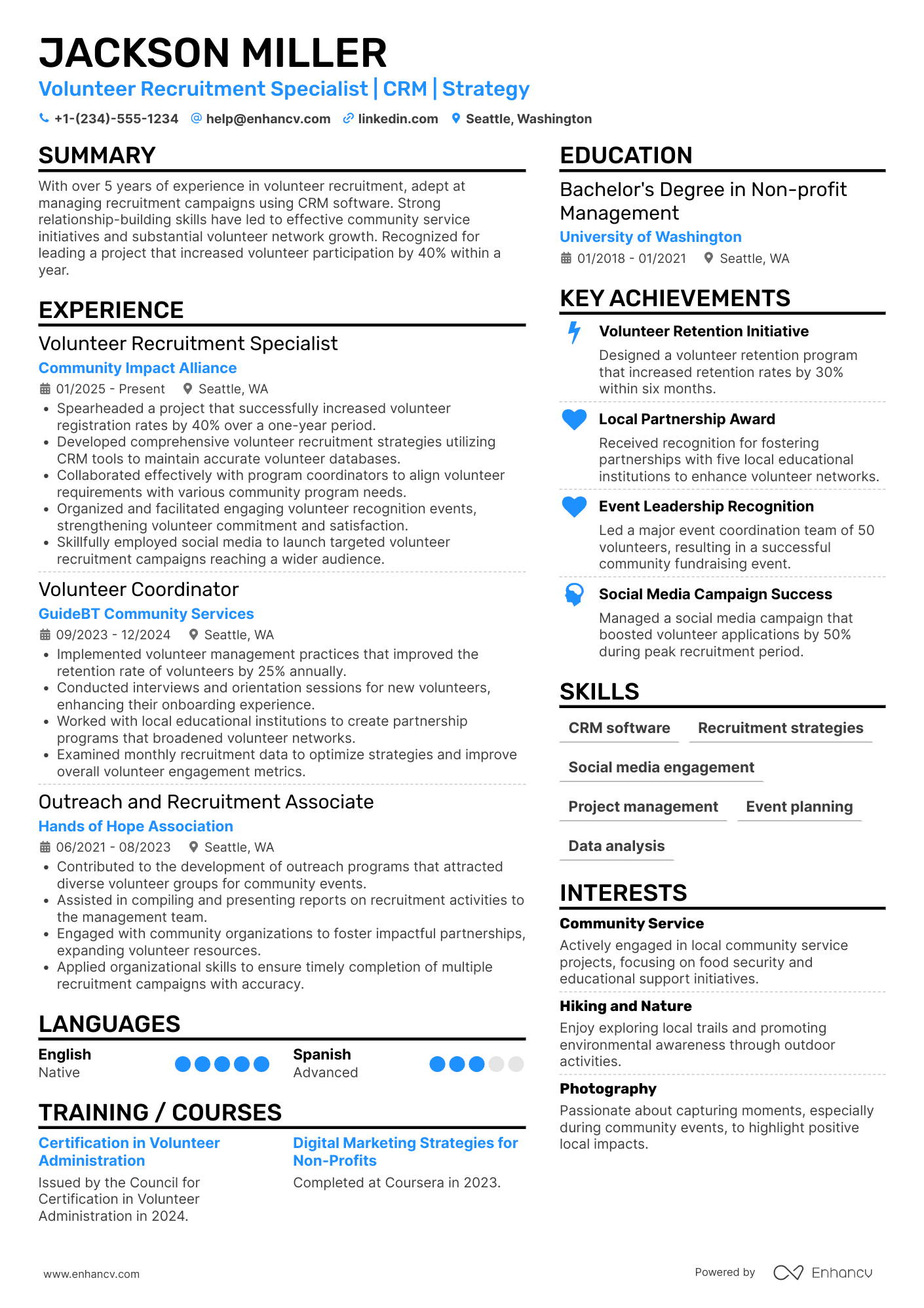 Experienced Volunteer Recruitment Specialist Resume Example