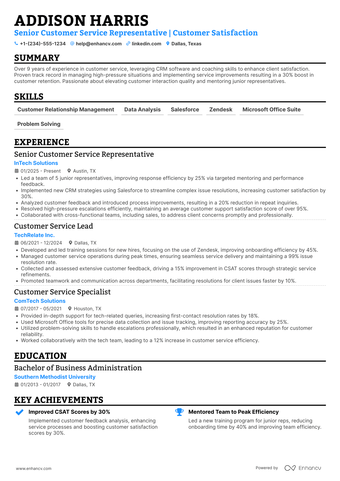 Senior Customer Service Representative Resume Example