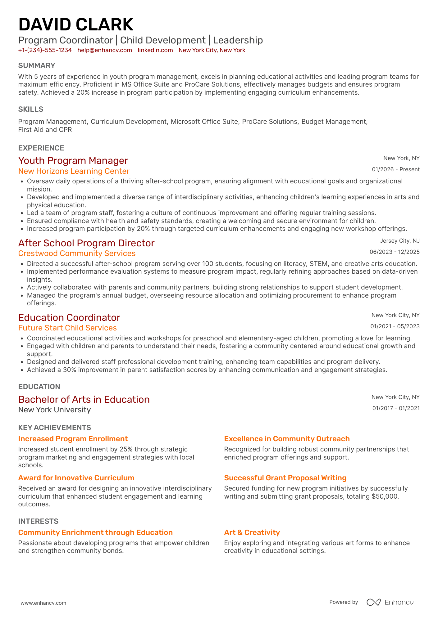After School Program Coordinator Resume Example