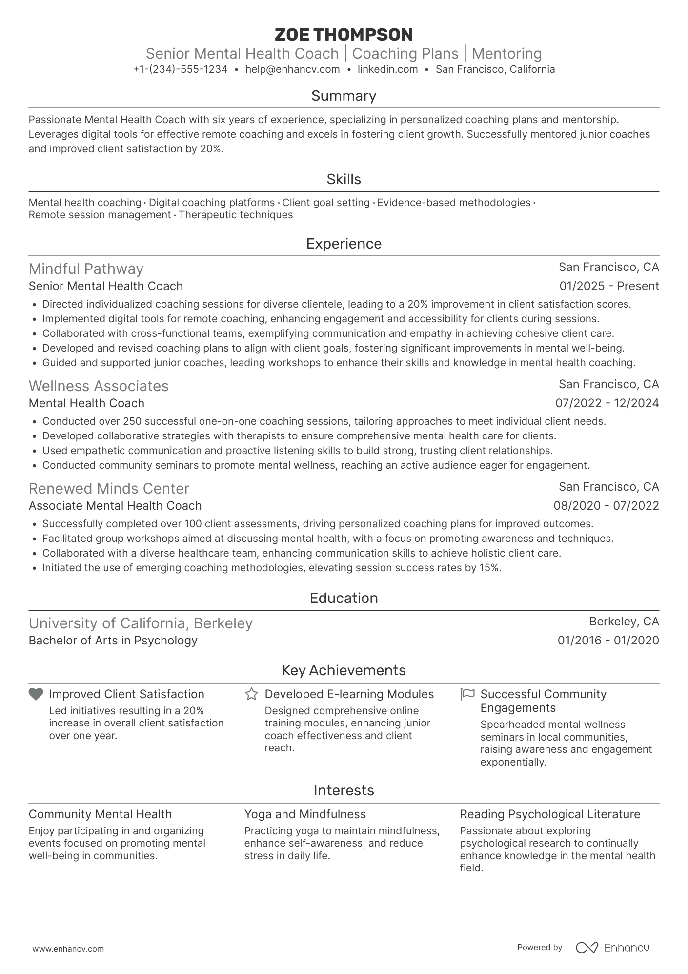 Senior Mental Health Coach Resume Example