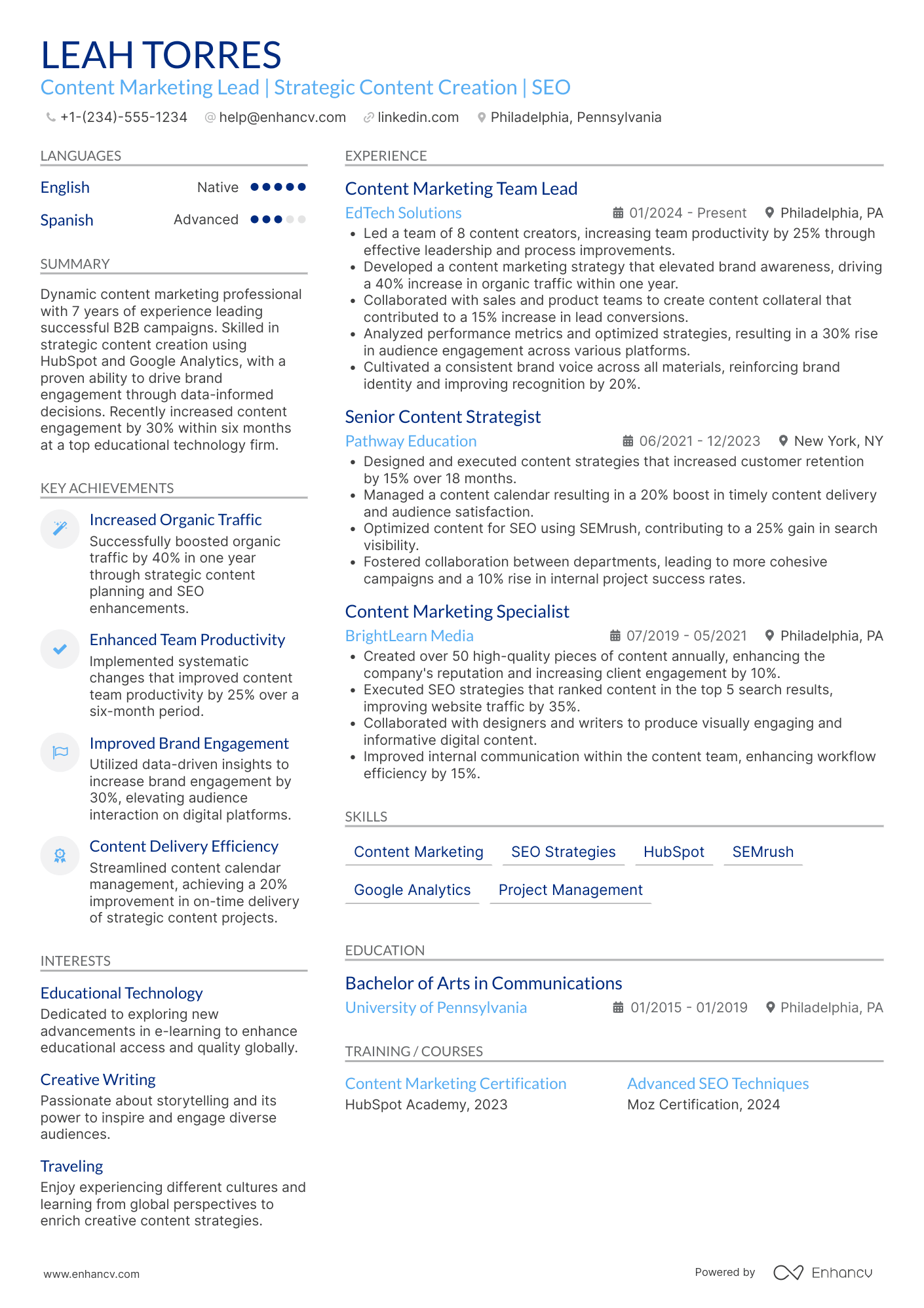 Content Marketing Team Lead Resume Example