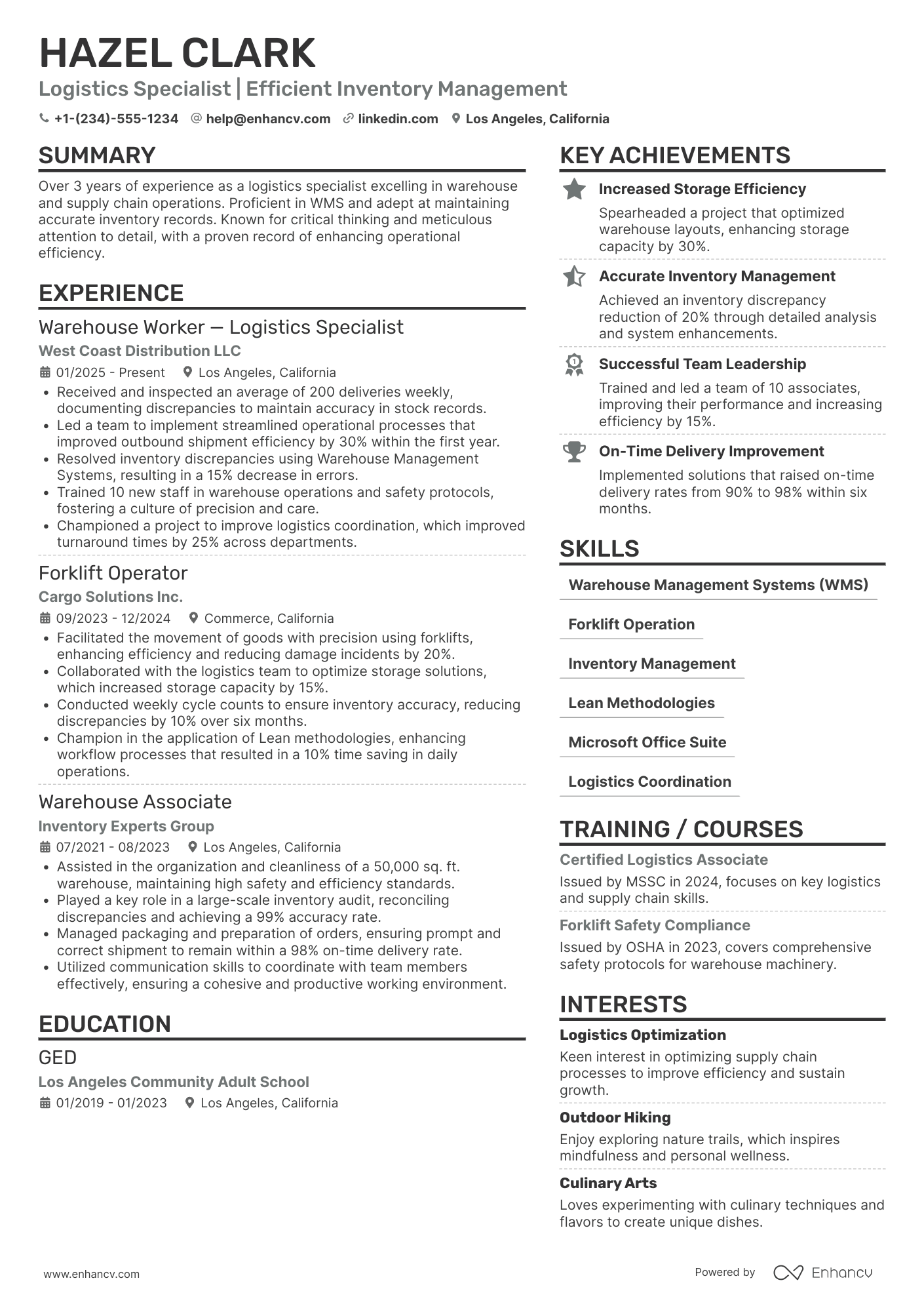 Warehouse Worker ��� Logistics Specialist Resume Example
