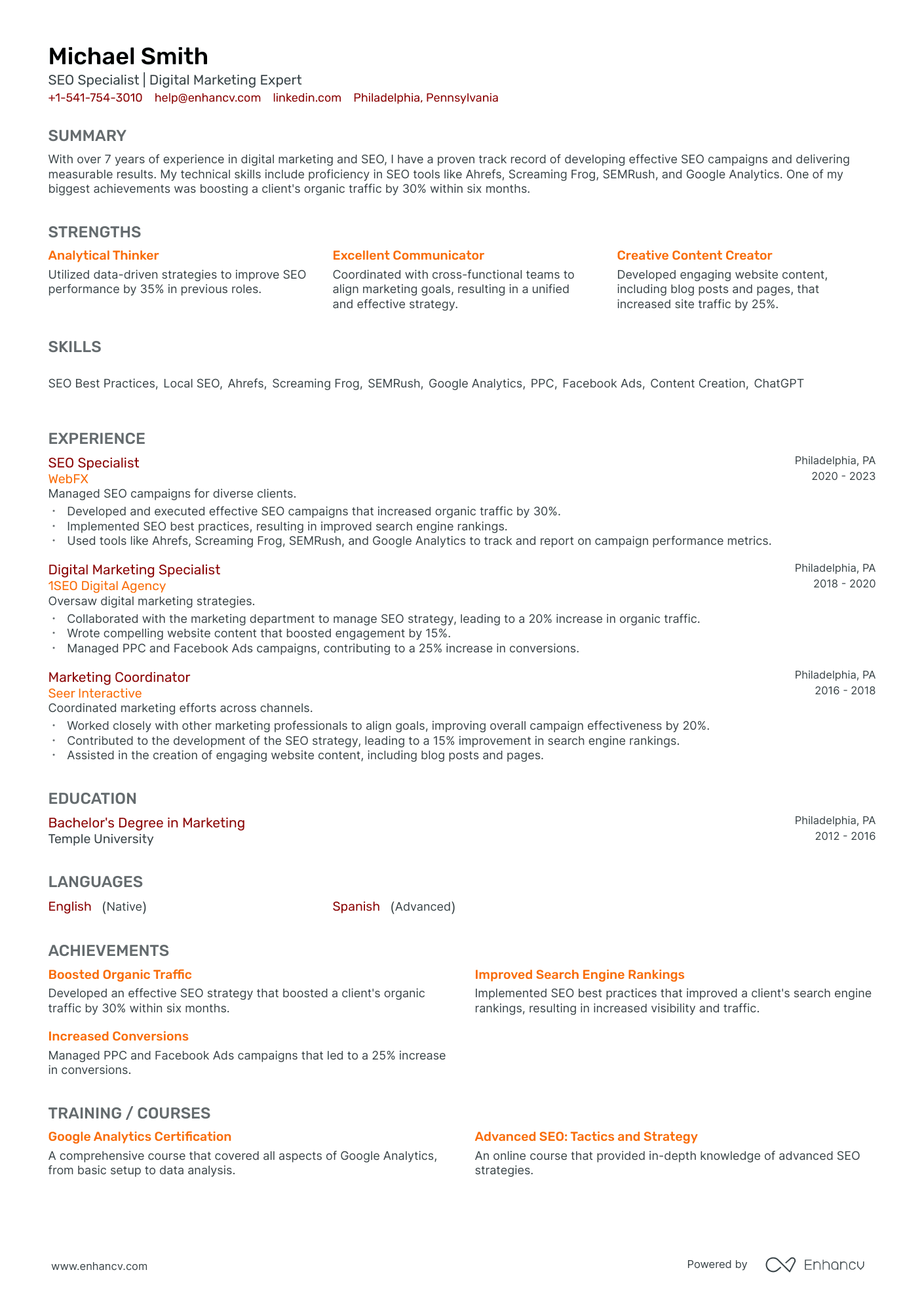 SEO Specialist Resume Example