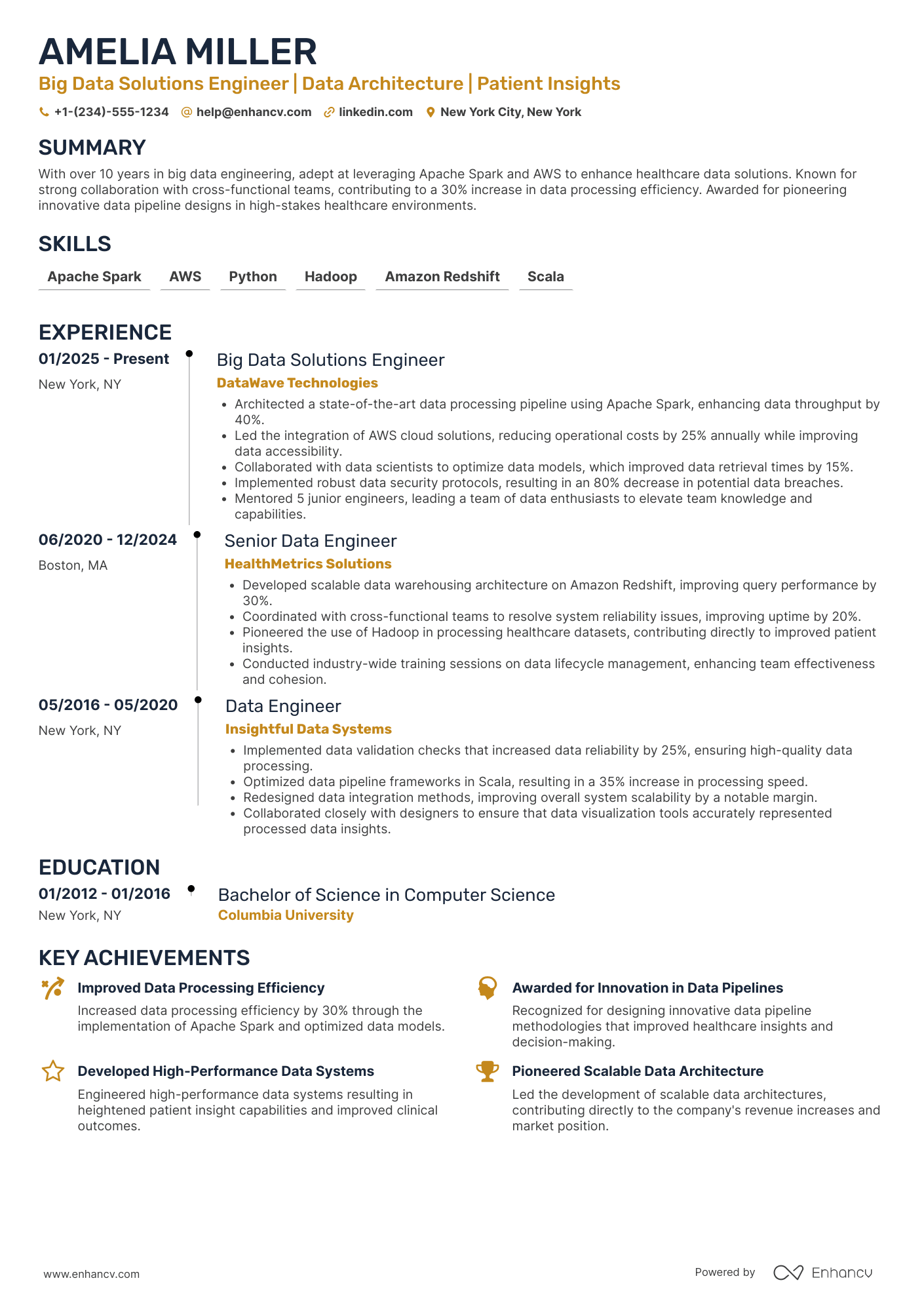 Big Data Solutions Engineer Resume Example