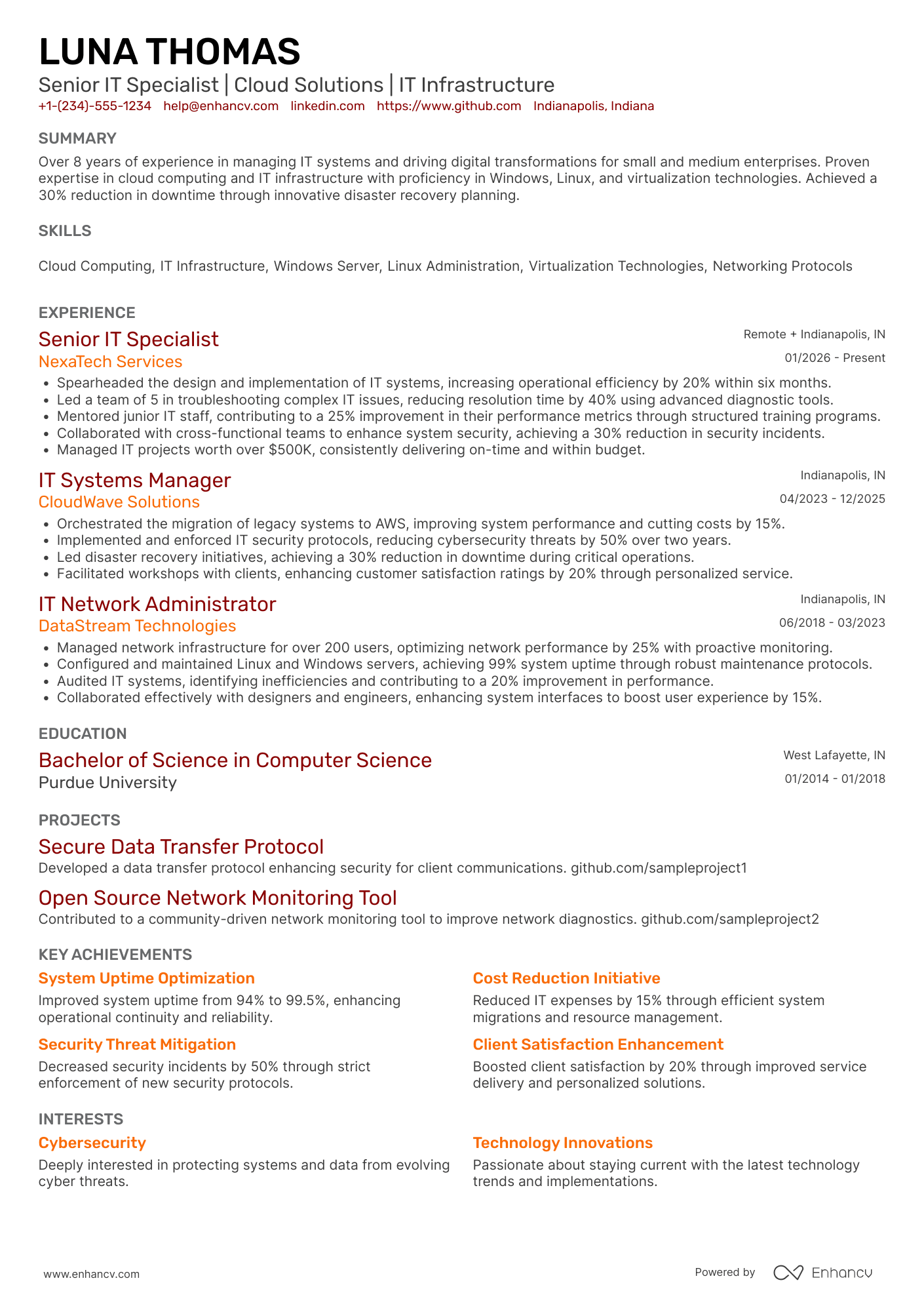 Senior IT Specialist Resume Example