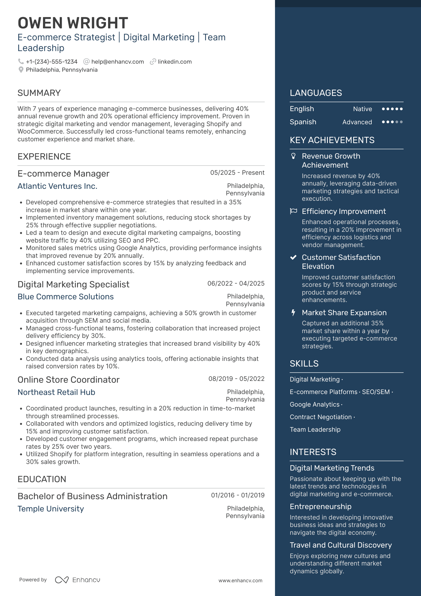 Online Business Owner Resume Example