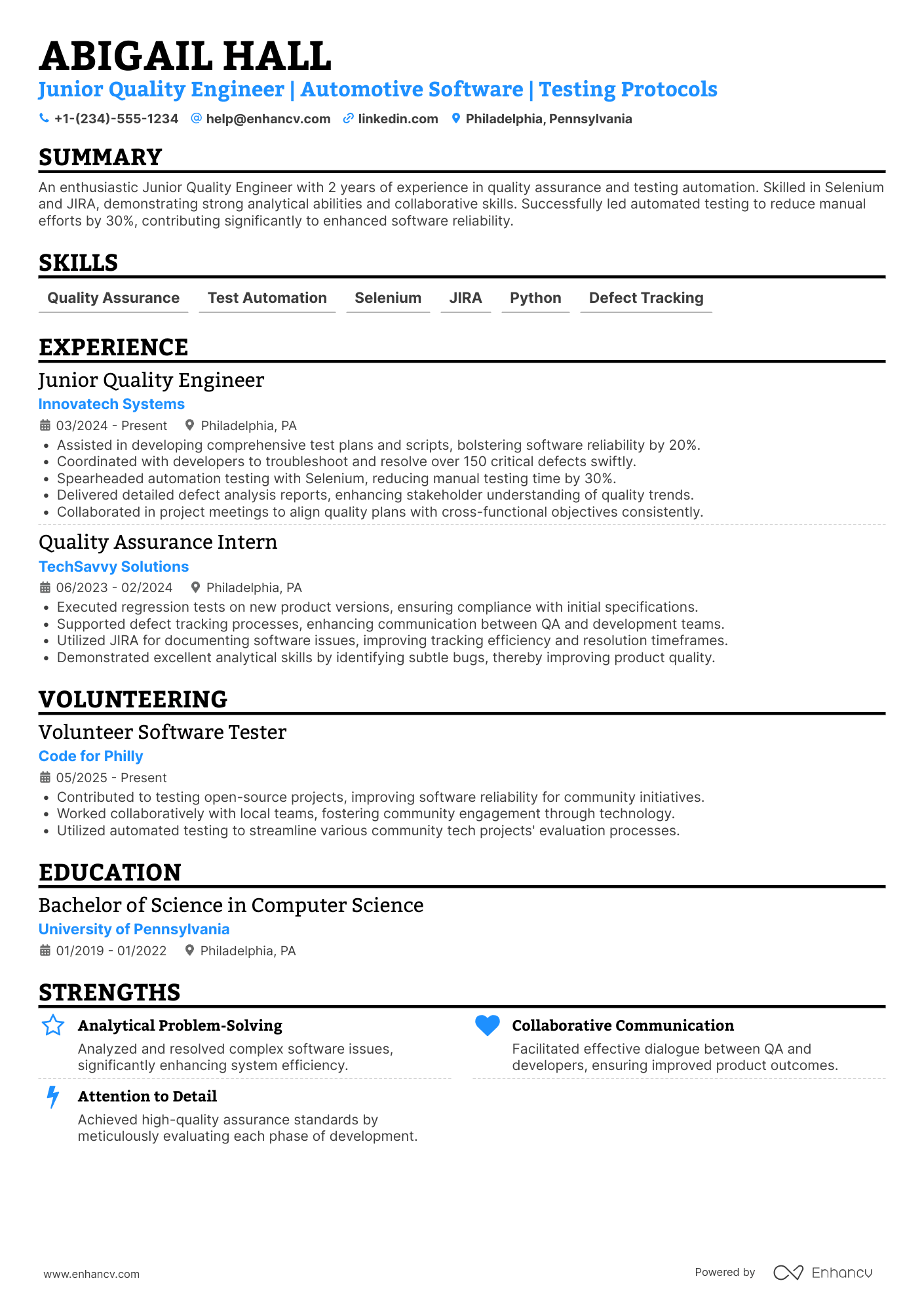 Junior Quality Engineer Resume Example