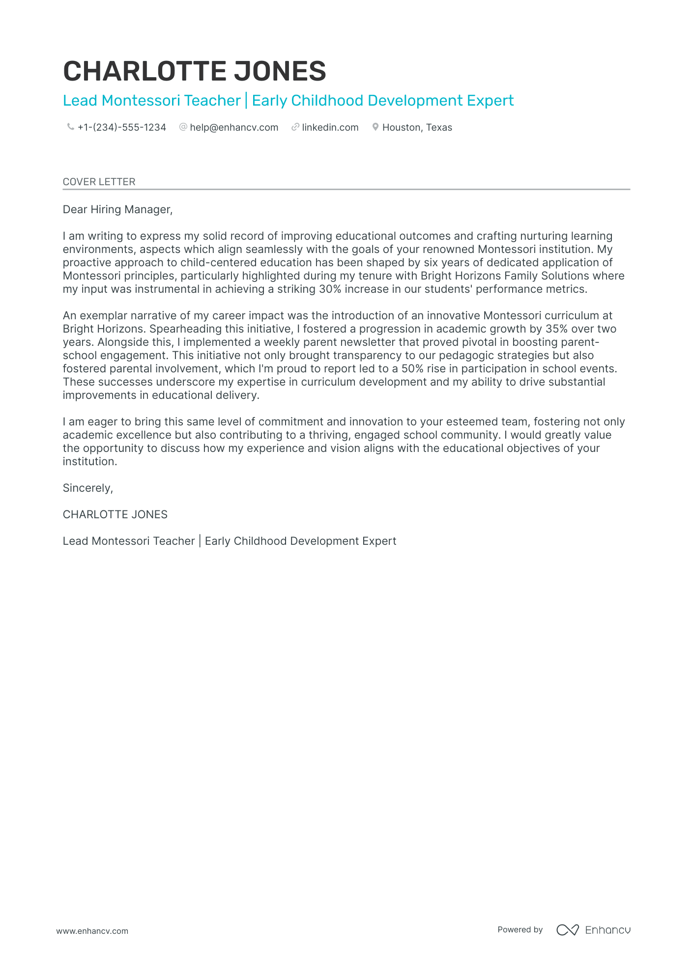 Montessori Teacher Resume Example