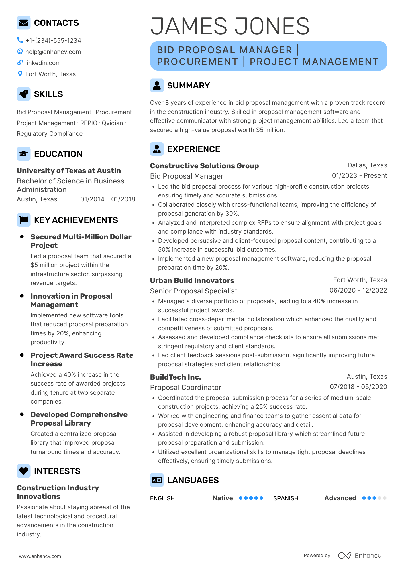 Bid Proposal Manager Resume Example