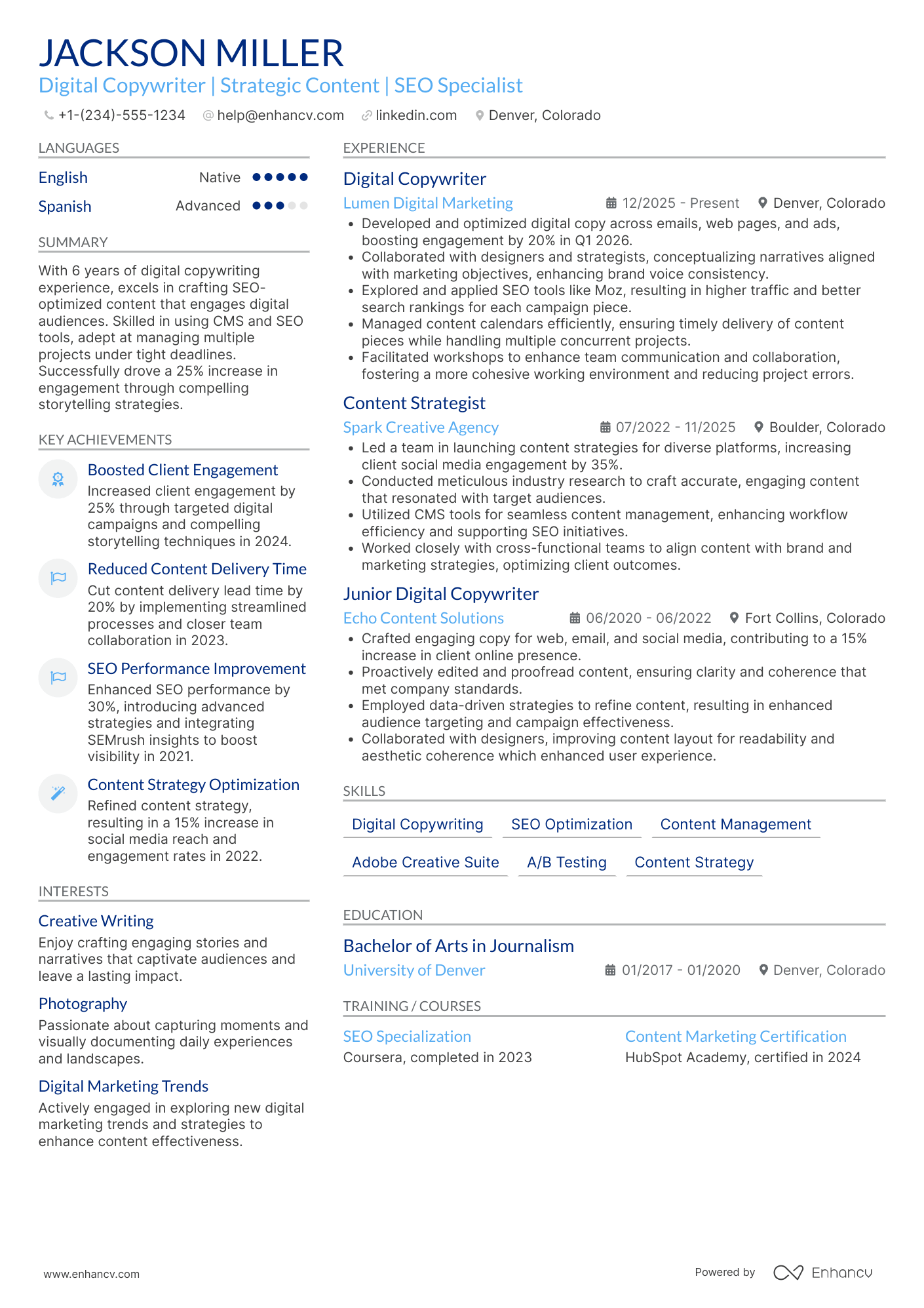 Digital Copywriter Resume Example