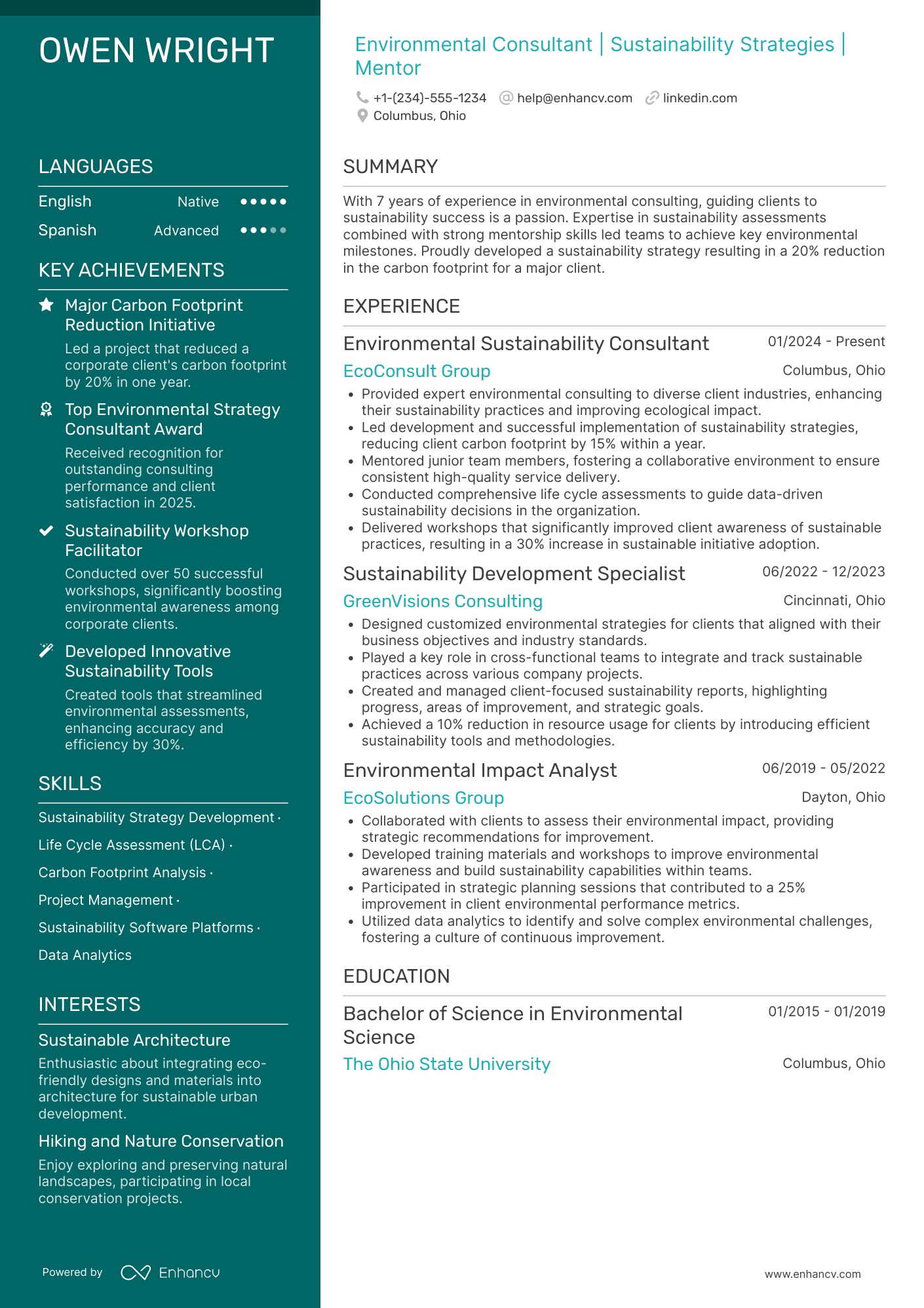 Environmental Sustainability Mentor Resume Example