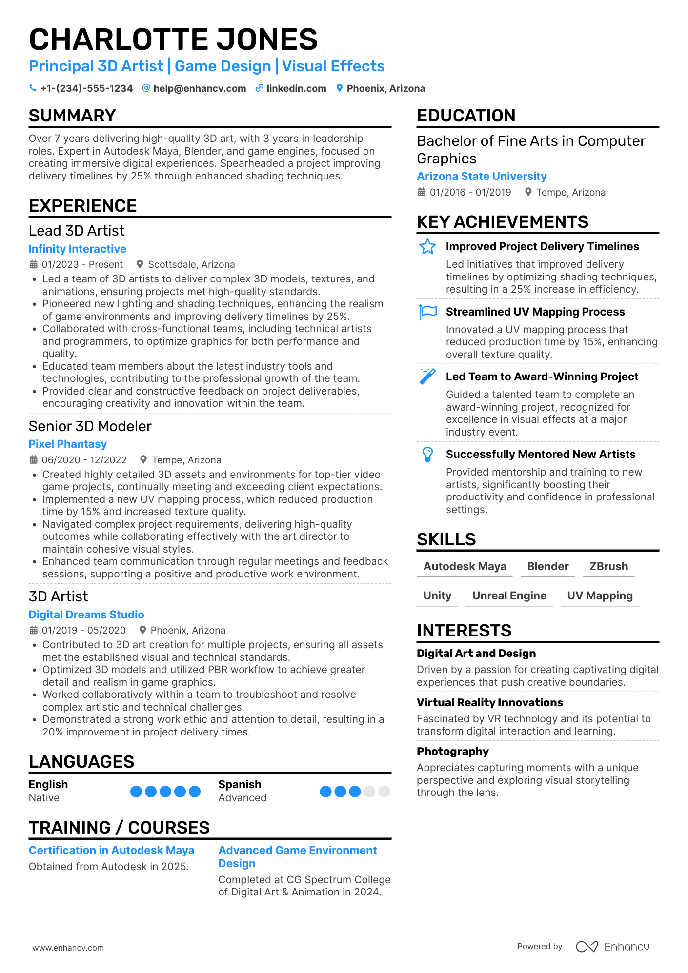Principal 3D Artist Resume Example